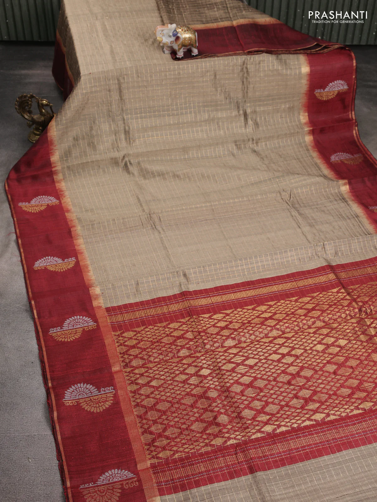 Pure dupion silk saree beige and maroon with allover zari woven checked pattern and silver & gold zari woven butta border - Image 2