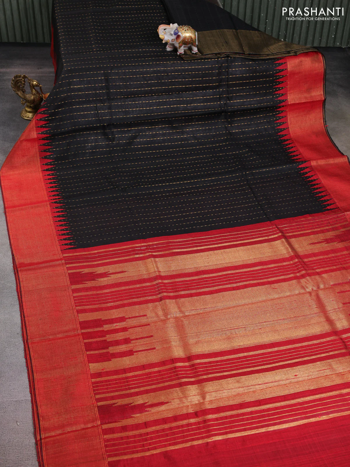 Pure dupion silk saree black and red with allover zari weaves and temple design zari woven border - Image 2