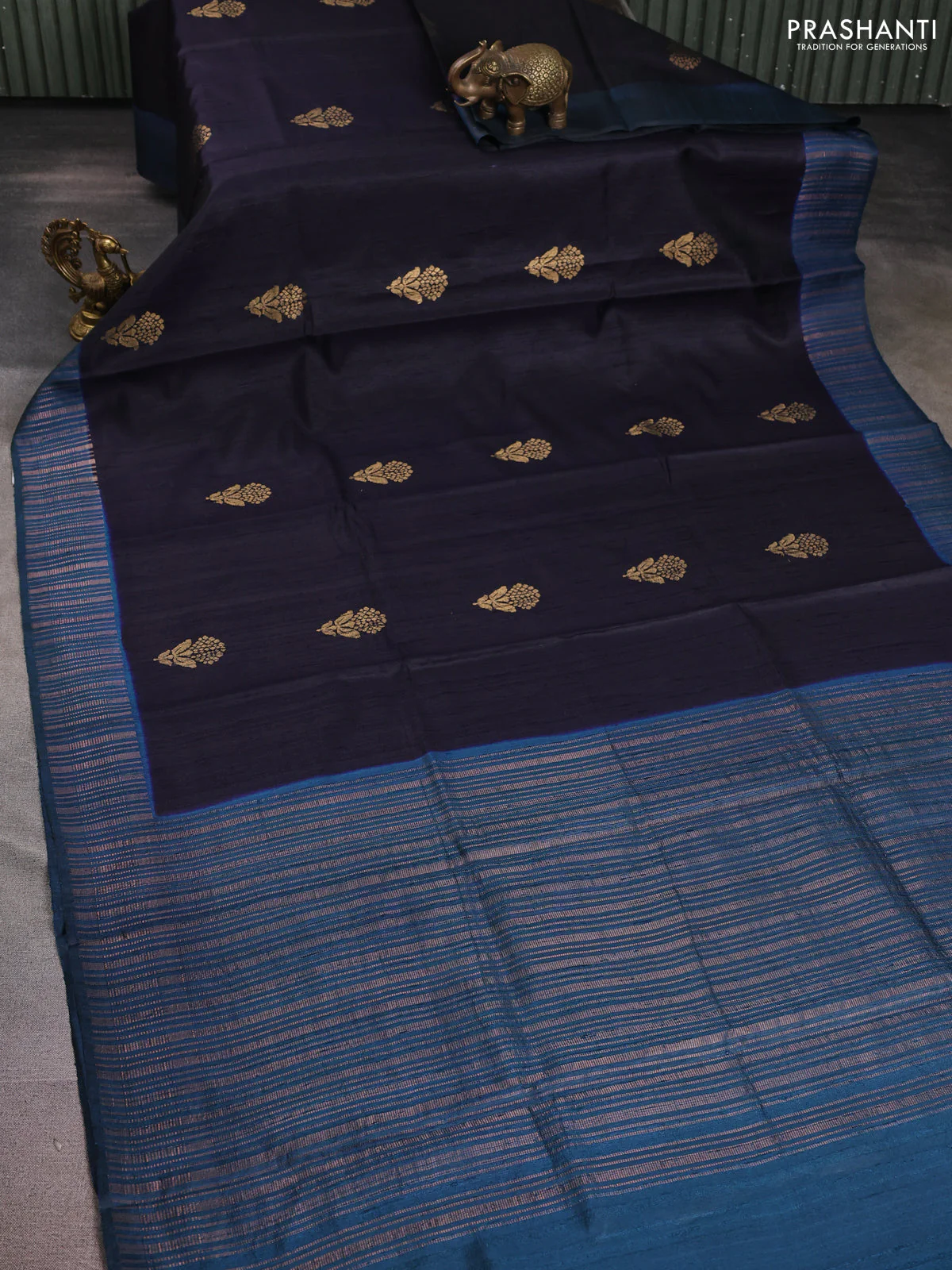 Pure dupion silk saree black and teal green with floral zari woven buttas and zari woven border - Image 2