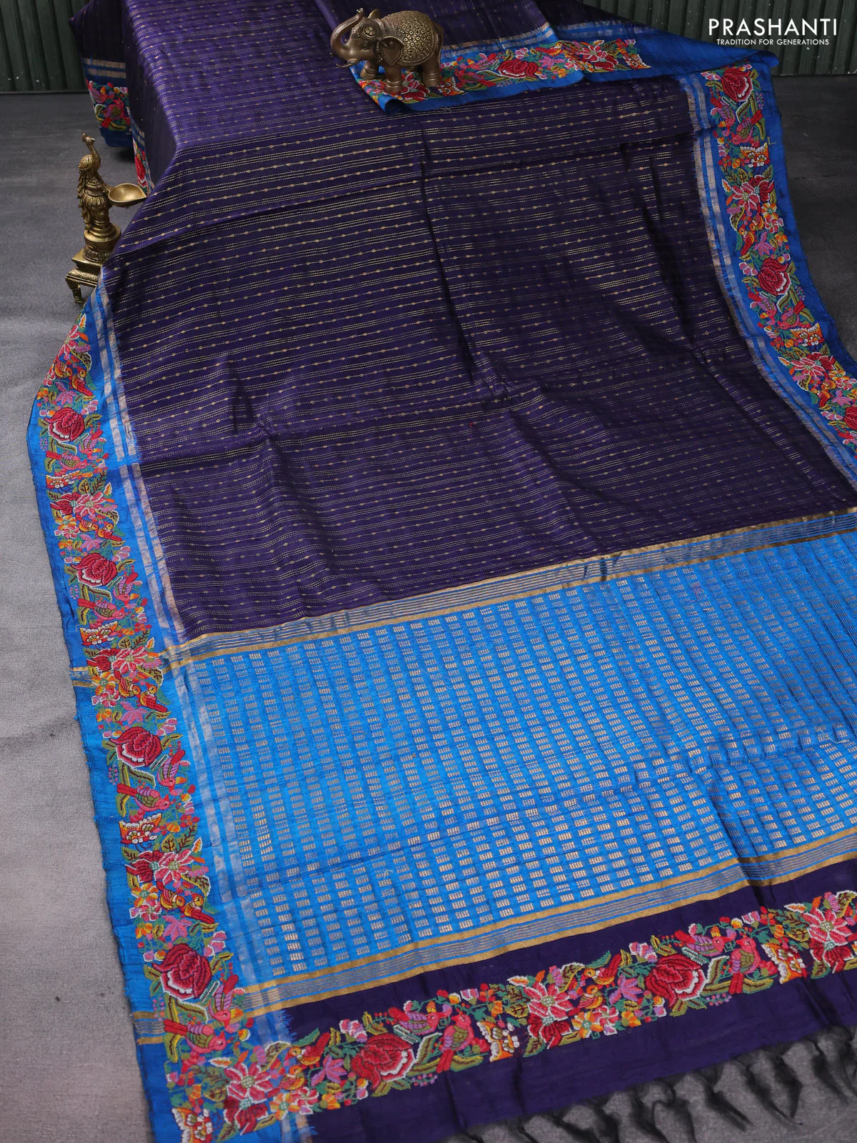 Pure dupion silk saree blue and cs blue with allover zari weaves and parsi work border - Image 2