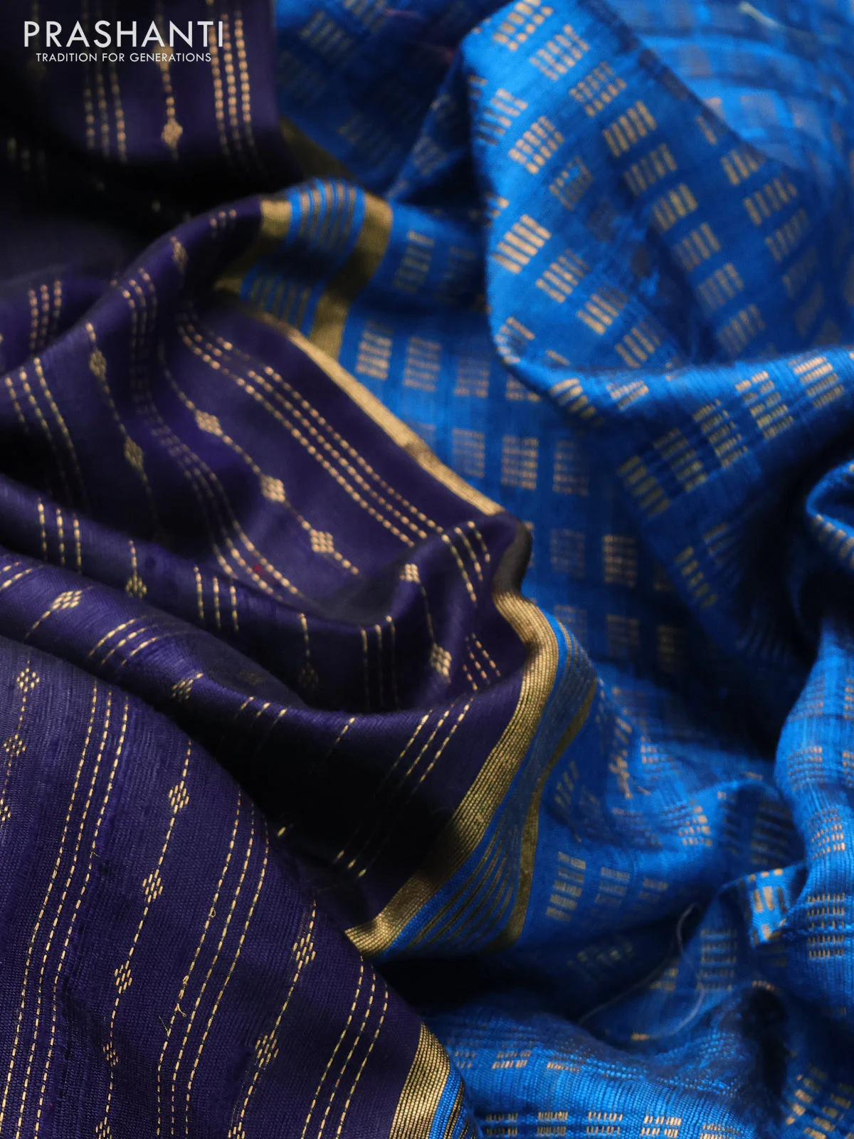 Pure dupion silk saree blue and cs blue with allover zari weaves and parsi work border - Image 3