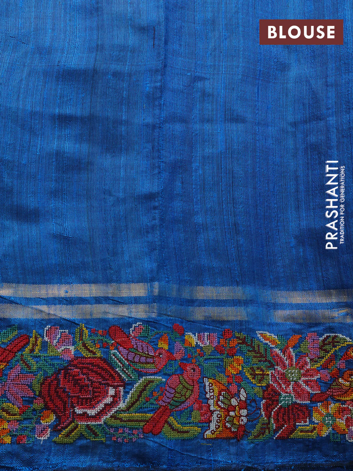 Pure dupion silk saree blue and cs blue with allover zari weaves and parsi work border - Image 4