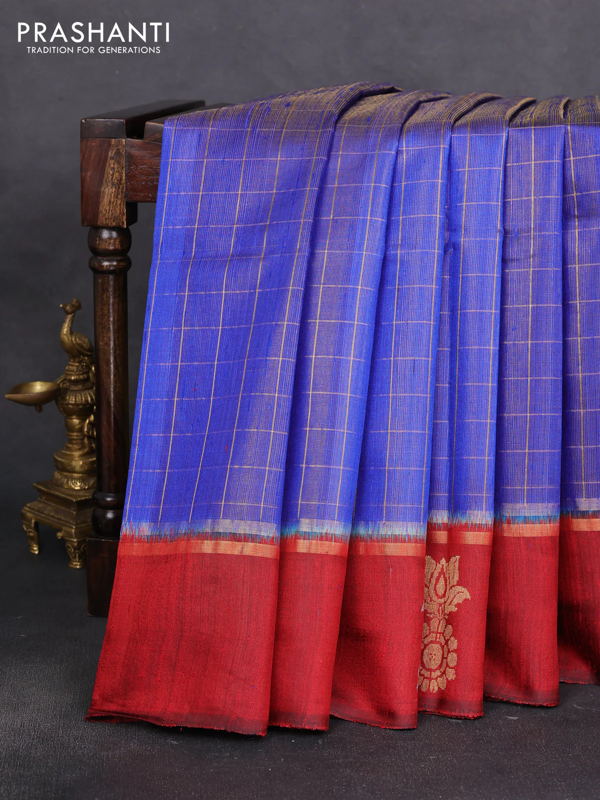 Pure dupion silk saree blue and maroon with allover zari woven checked pattern and silver & zari woven butta border