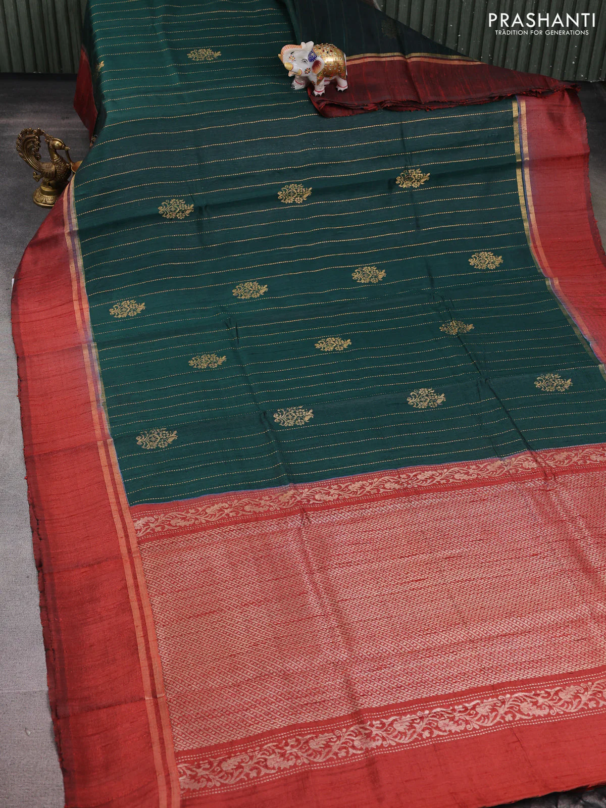 Pure dupion silk saree bottle green and maroon with zari woven buttas and zari woven simple border - Image 2