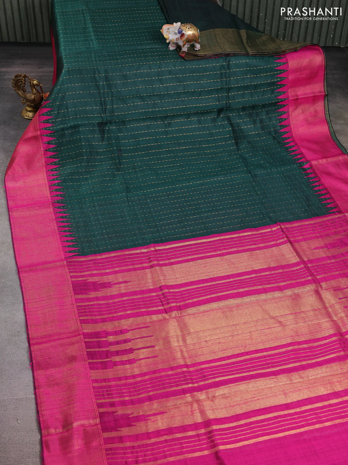 Pure dupion silk saree bottle green and pink with allover zari weaves and temple design zari woven border - Image 2