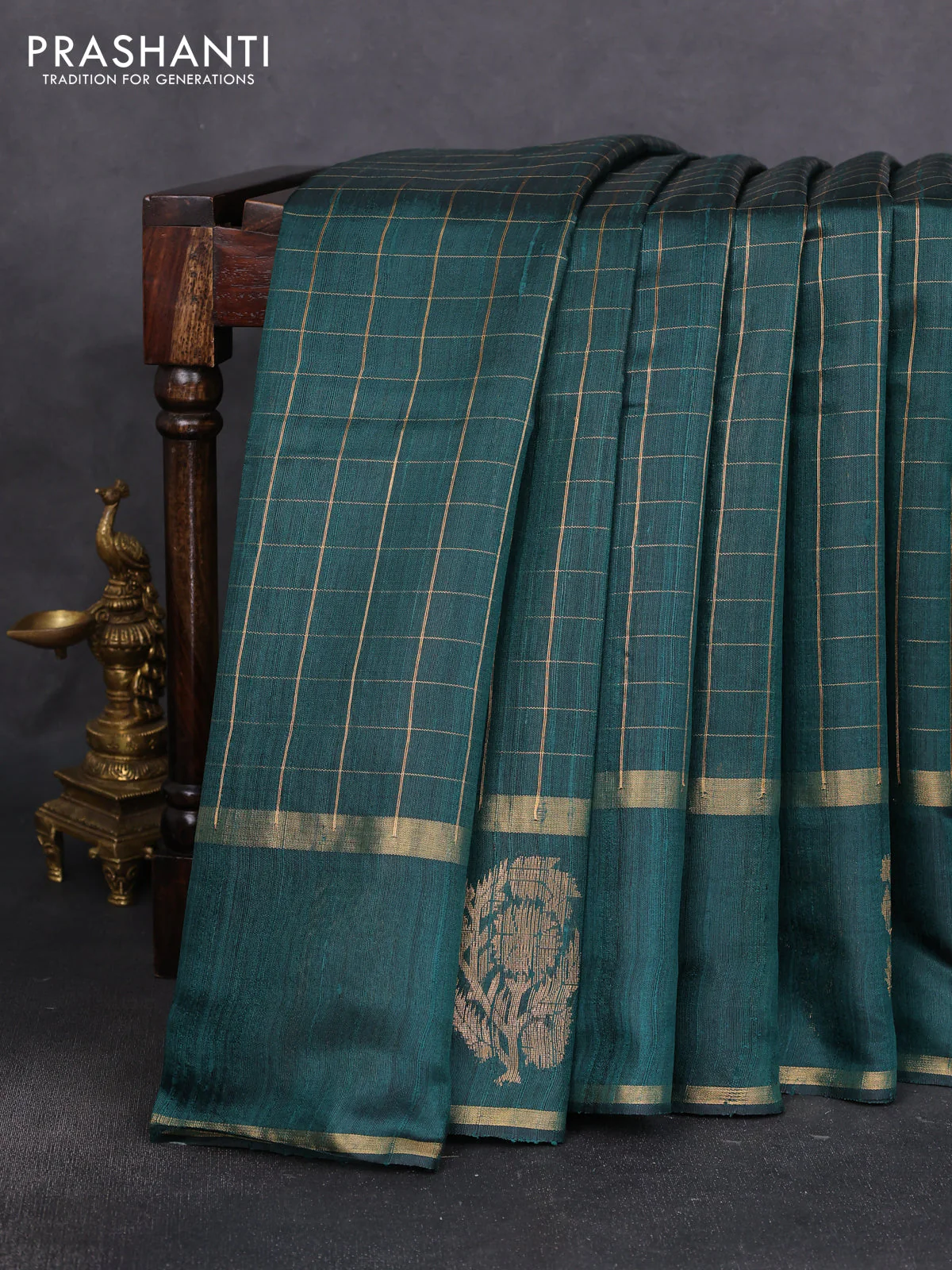 Pure dupion silk saree bottle green with allover checks pattern and floral zari woven border