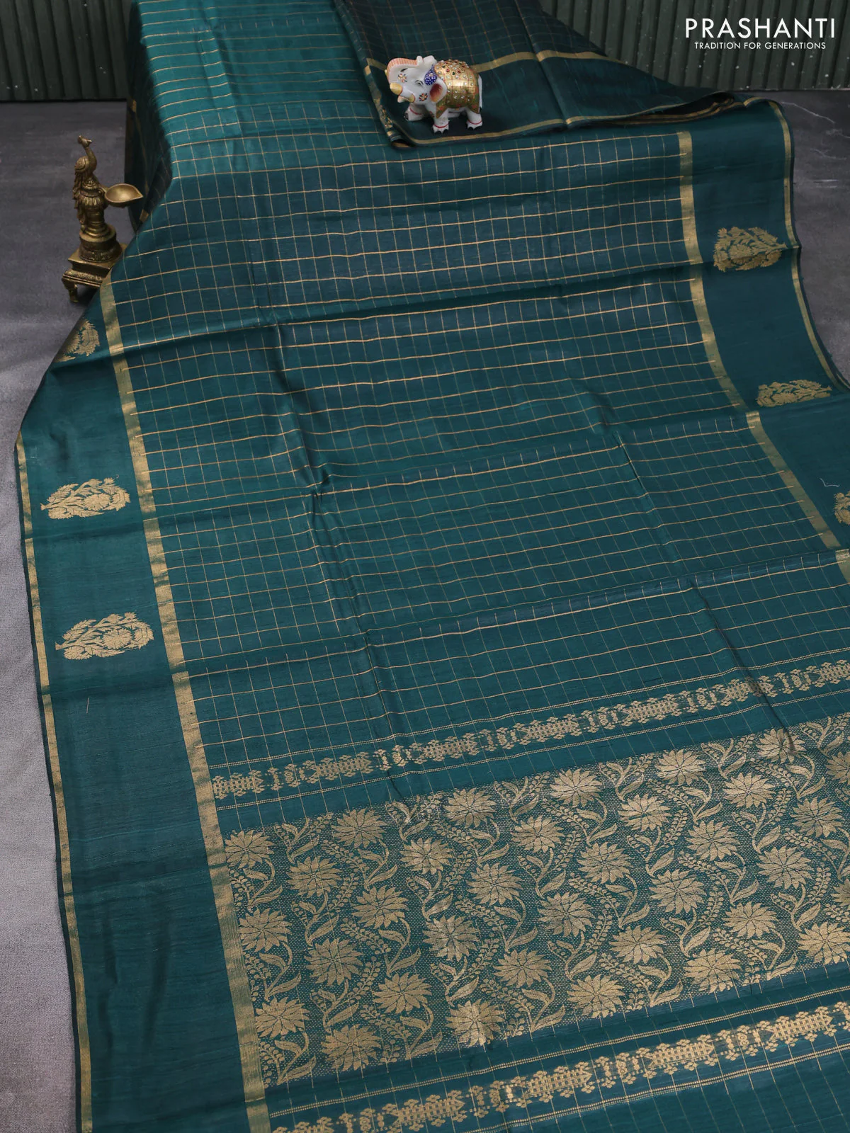 Pure dupion silk saree bottle green with allover checks pattern and floral zari woven border - Image 2
