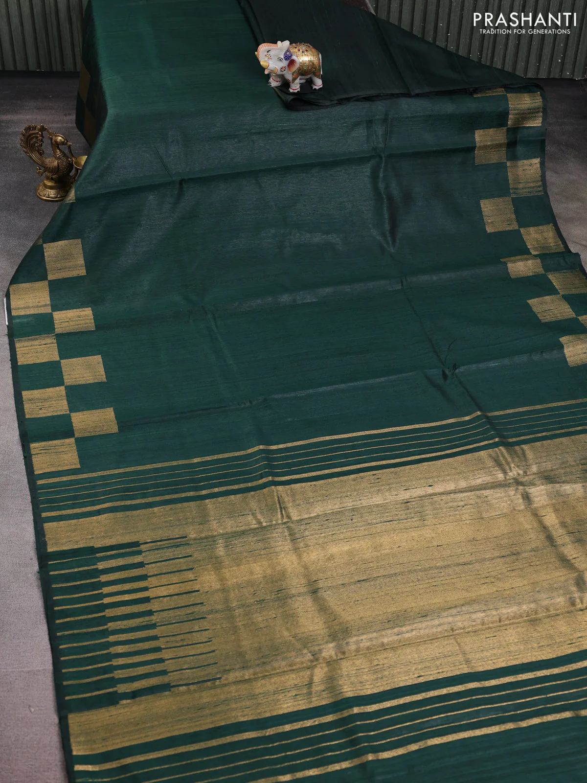 Pure dupion silk saree bottle green with plain body and zari woven border - Image 2