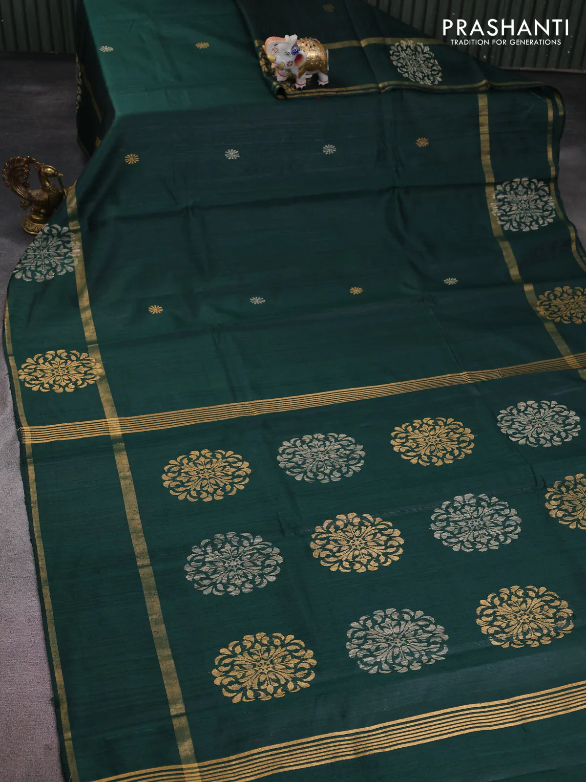 Pure dupion silk saree bottle green with thread & zari woven buttas and woven butta border - Image 2