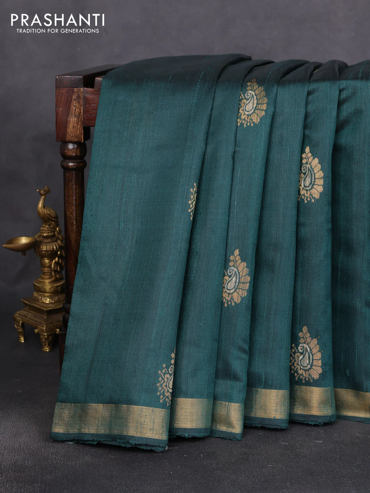 Pure dupion silk saree bottle green with thread & zari woven paisley buttas and zari woven border