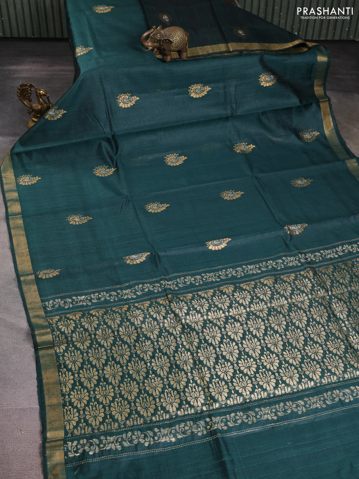 Pure dupion silk saree bottle green with thread & zari woven paisley buttas and zari woven border - Image 2
