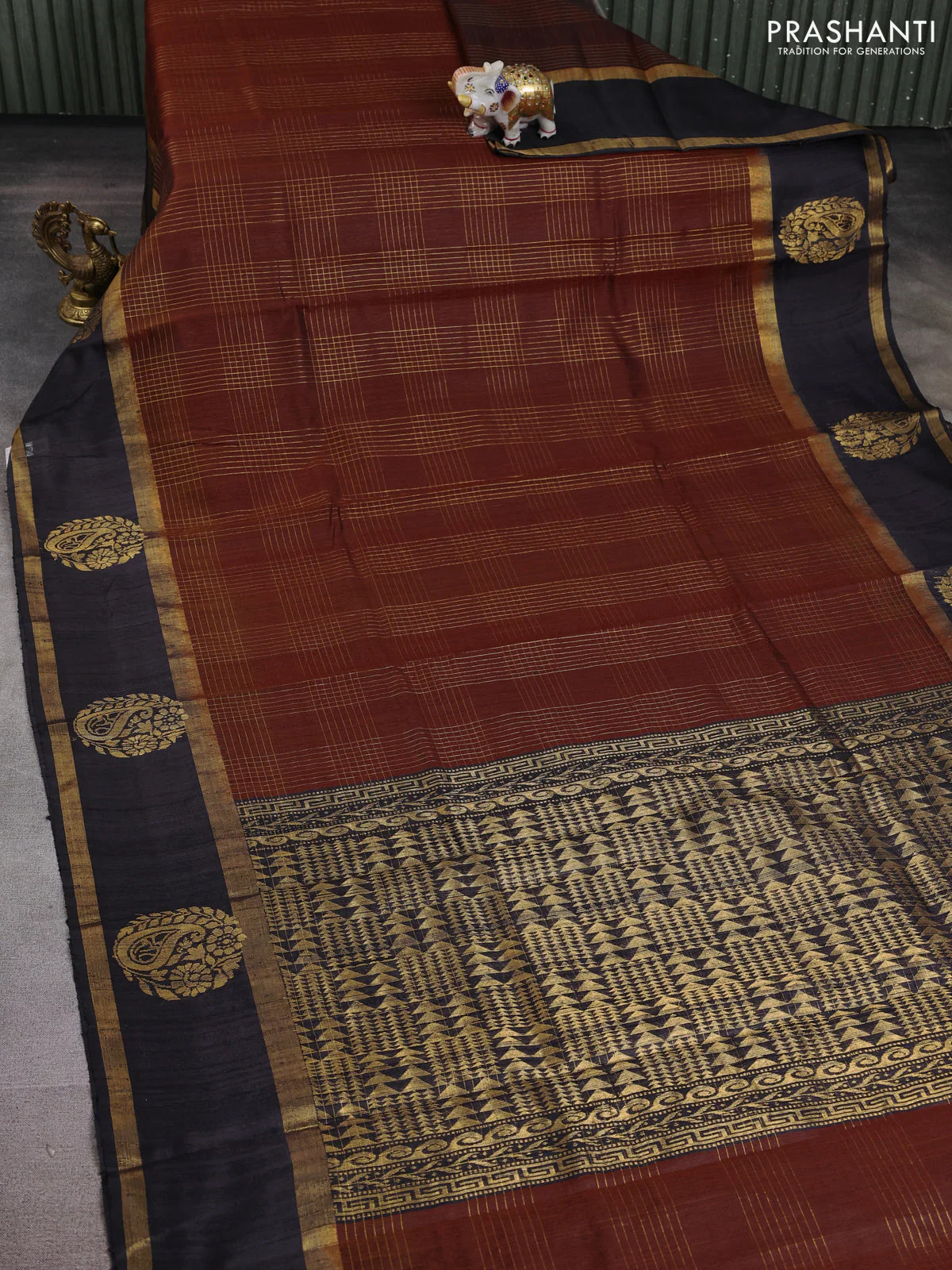 Pure dupion silk saree brown and black with allover zari woven checked pattern and paisley zari woven border - Image 2