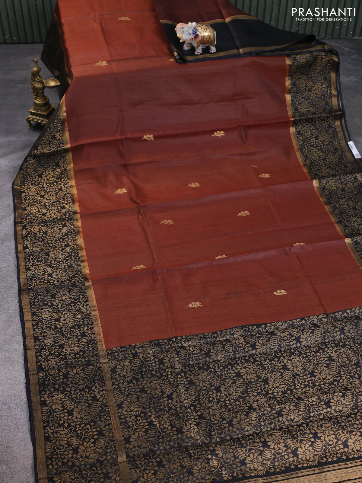 Pure dupion silk saree brown and navy blue with zari woven buttas and long zari woven border - Image 2
