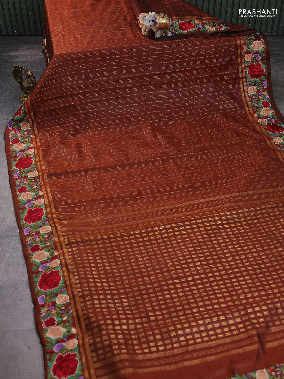 Pure dupion silk saree brown with allover zari weaves and floral design embroidery border - Image 2