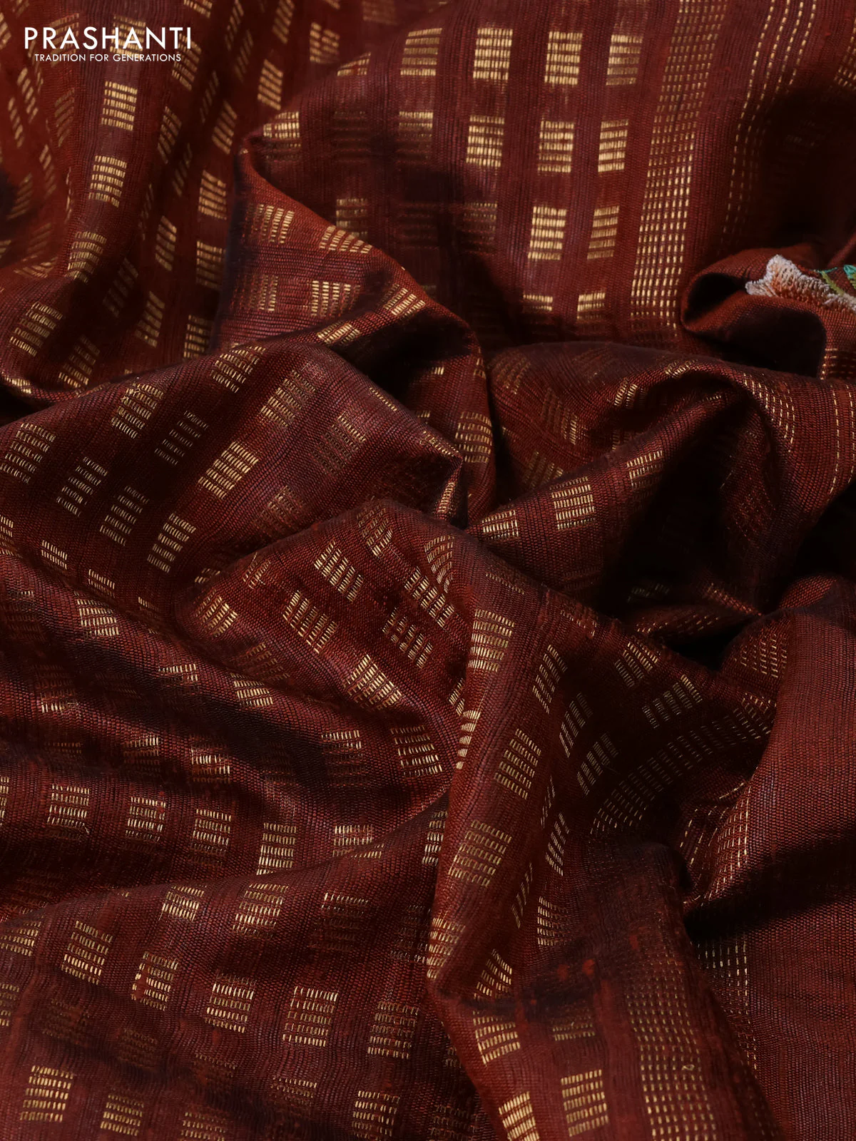 Pure dupion silk saree brown with allover zari weaves and floral design embroidery border - Image 3
