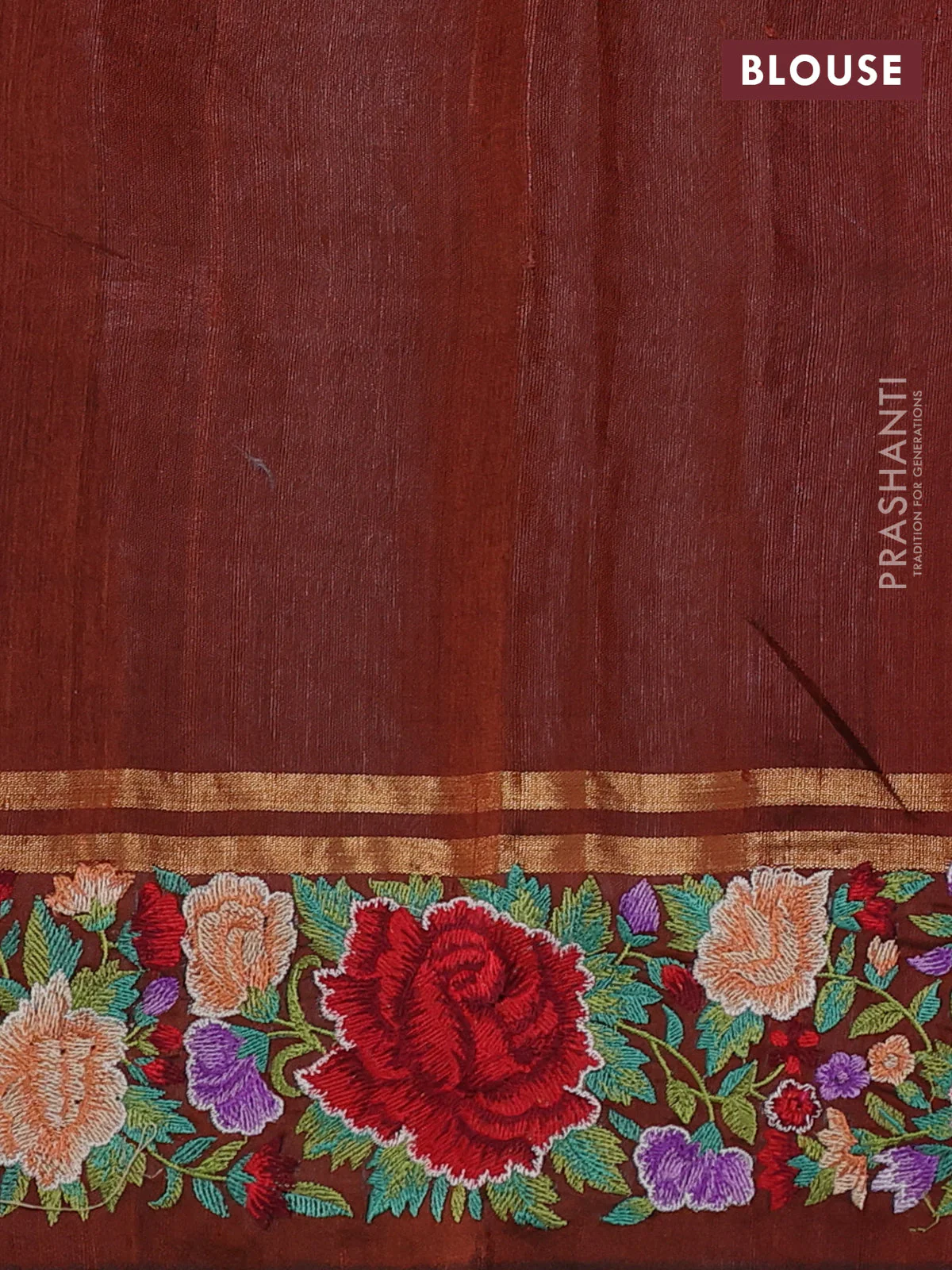 Pure dupion silk saree brown with allover zari weaves and floral design embroidery border - Image 4
