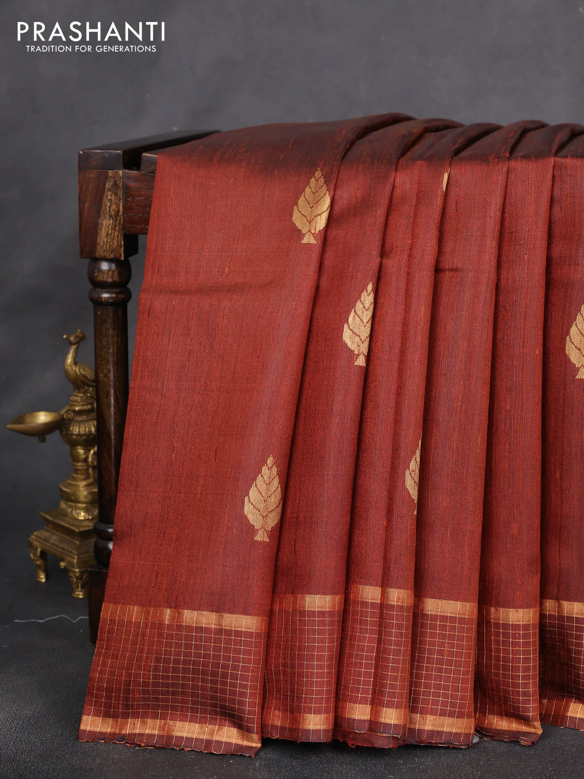Pure dupion silk saree brown with zari woven buttas and zari woven border