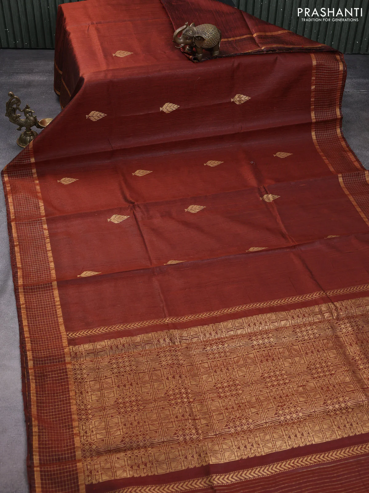 Pure dupion silk saree brown with zari woven buttas and zari woven border - Image 2