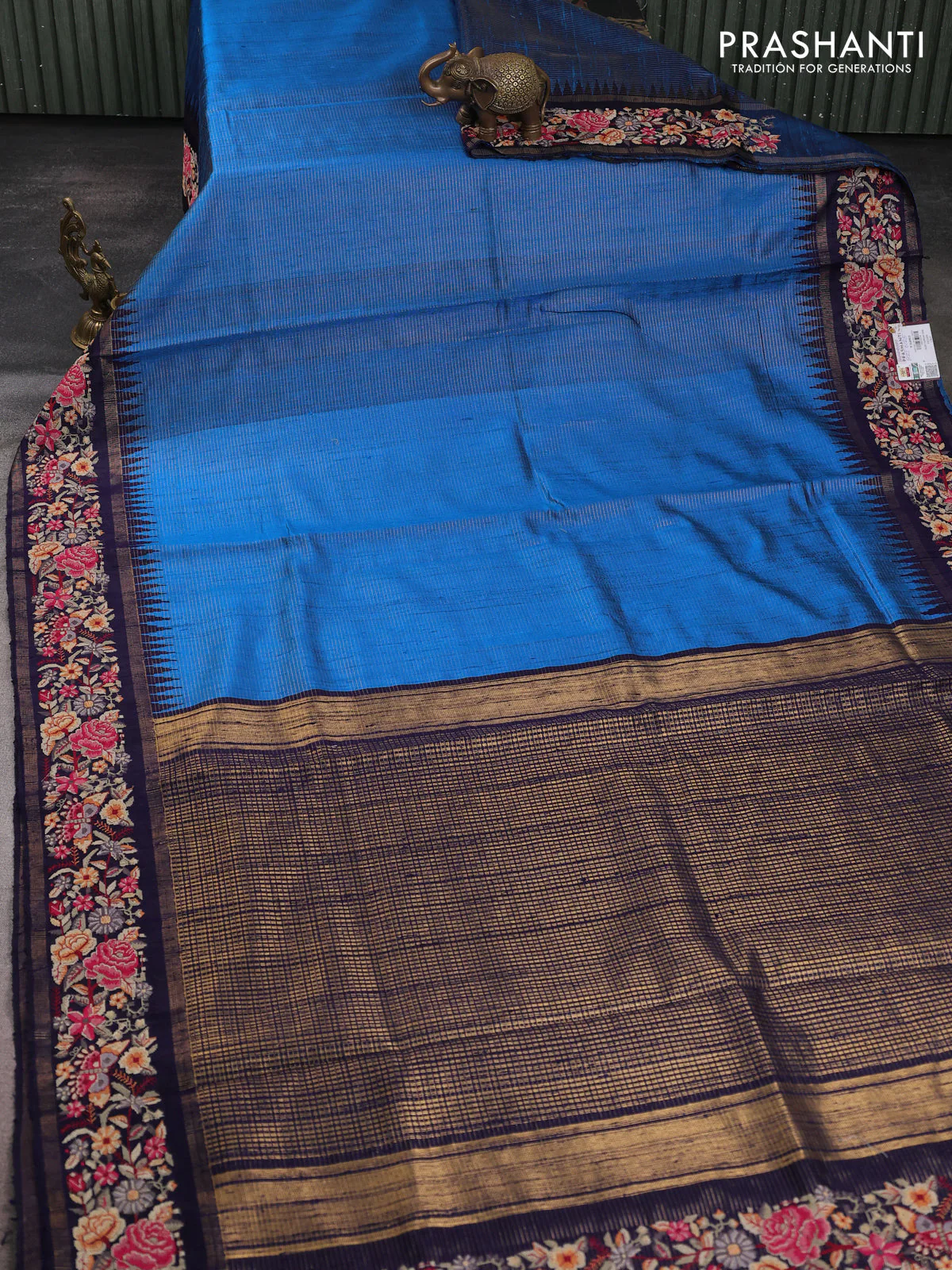 Pure dupion silk saree cs blue and dark blue with allover zari stripe weaves and temple design embroidery border - Image 2