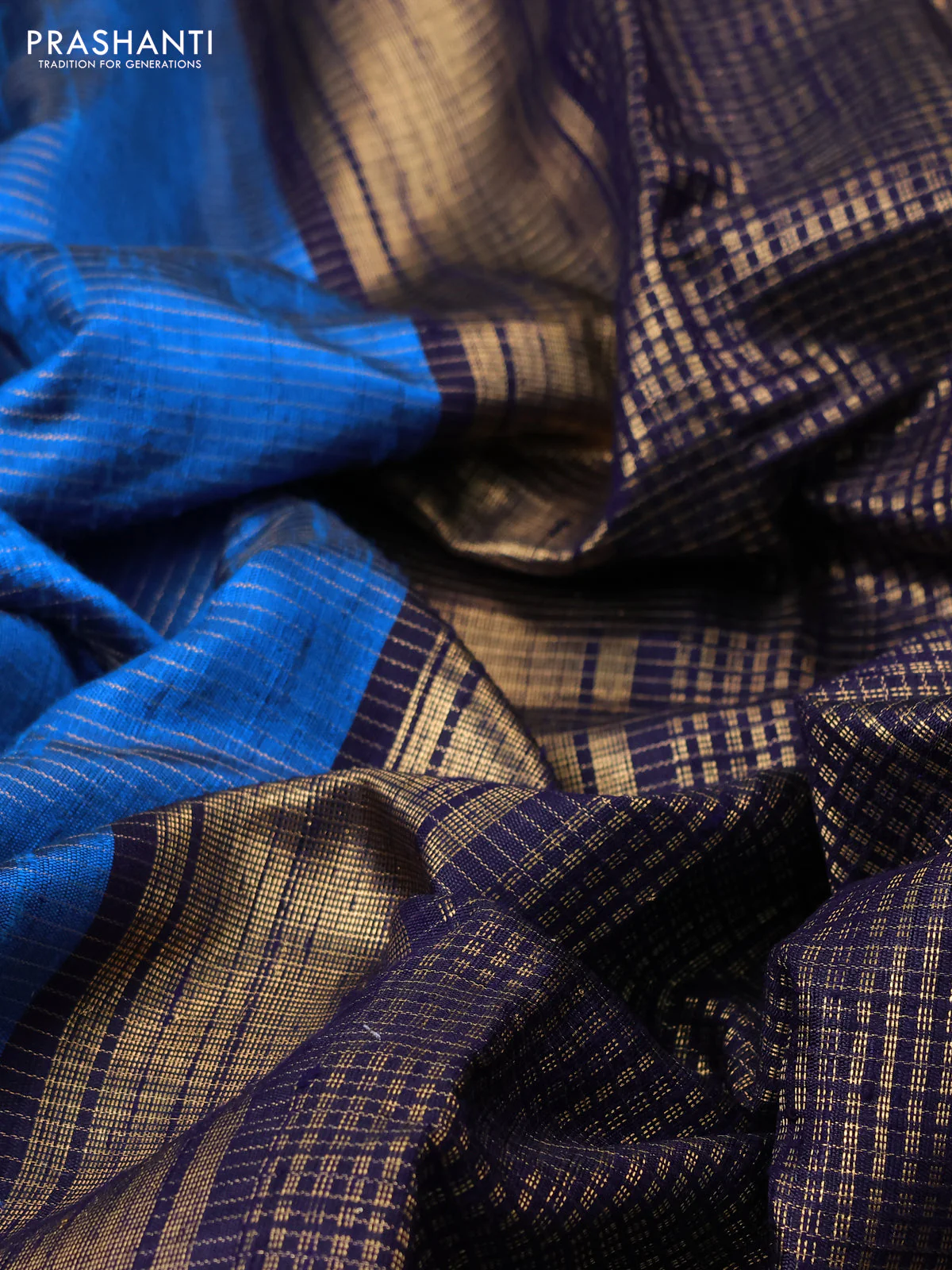 Pure dupion silk saree cs blue and dark blue with allover zari stripe weaves and temple design embroidery border - Image 3