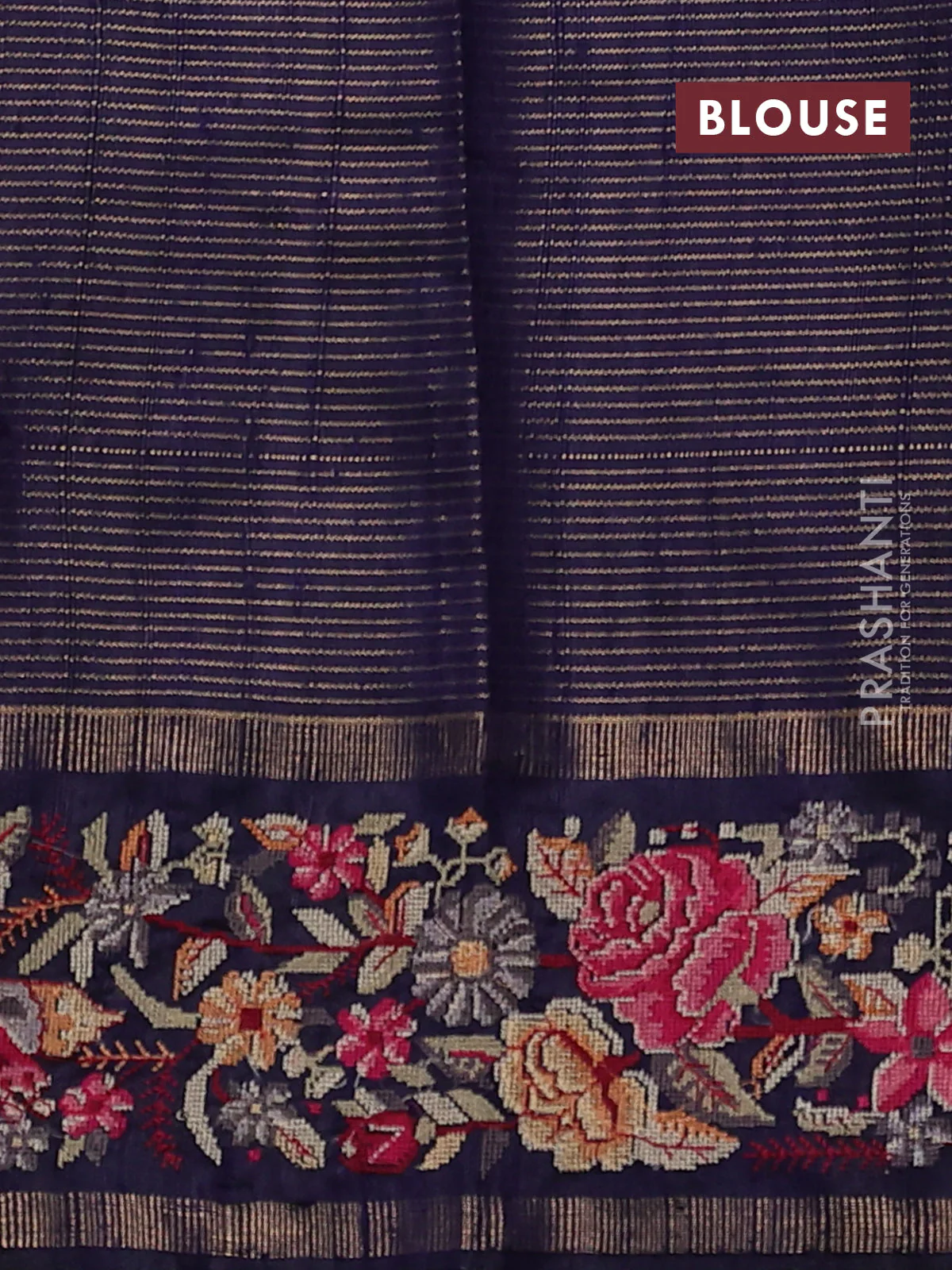 Pure dupion silk saree cs blue and dark blue with allover zari stripe weaves and temple design embroidery border - Image 4