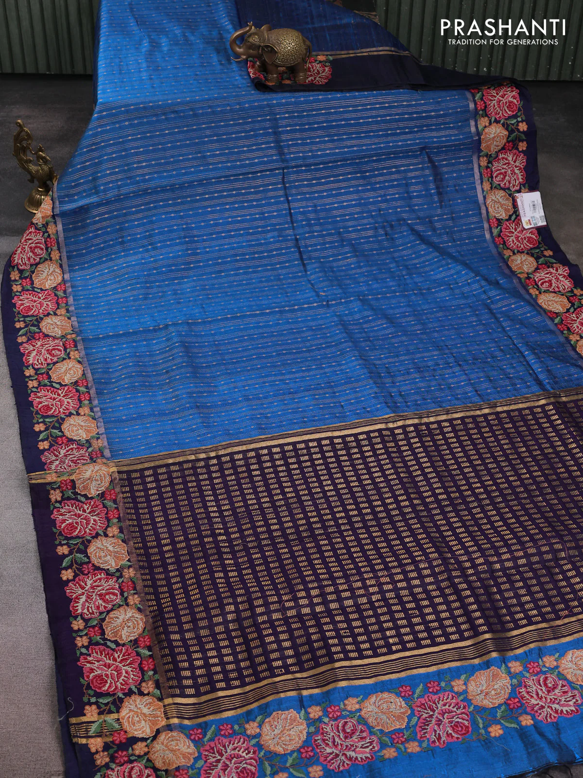 Pure dupion silk saree cs blue and deep violet with allover zari weaves and zari woven floral embroidery border - Image 2