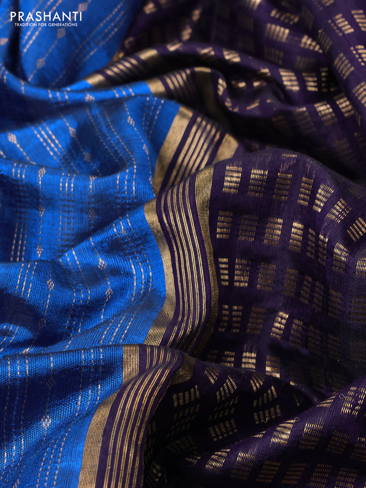 Pure dupion silk saree cs blue and deep violet with allover zari weaves and zari woven floral embroidery border - Image 3