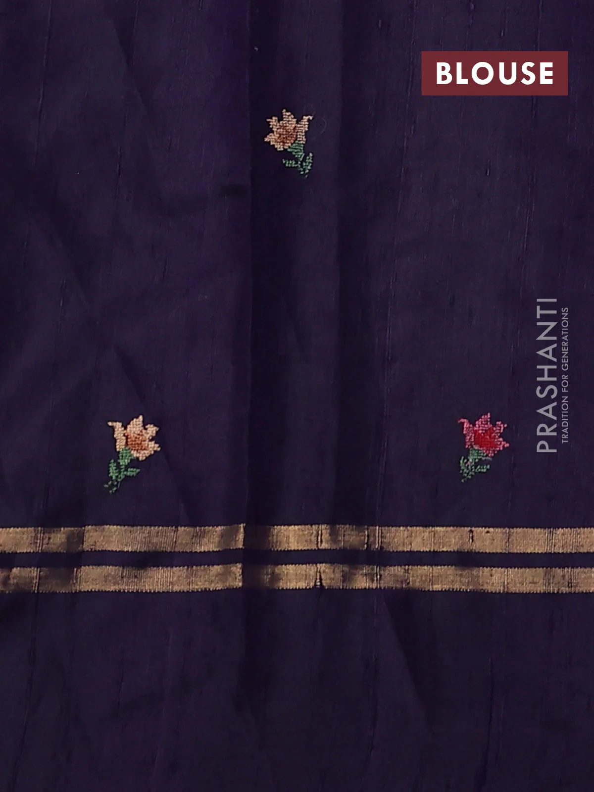 Pure dupion silk saree cs blue and deep violet with allover zari weaves and zari woven floral embroidery border - Image 4