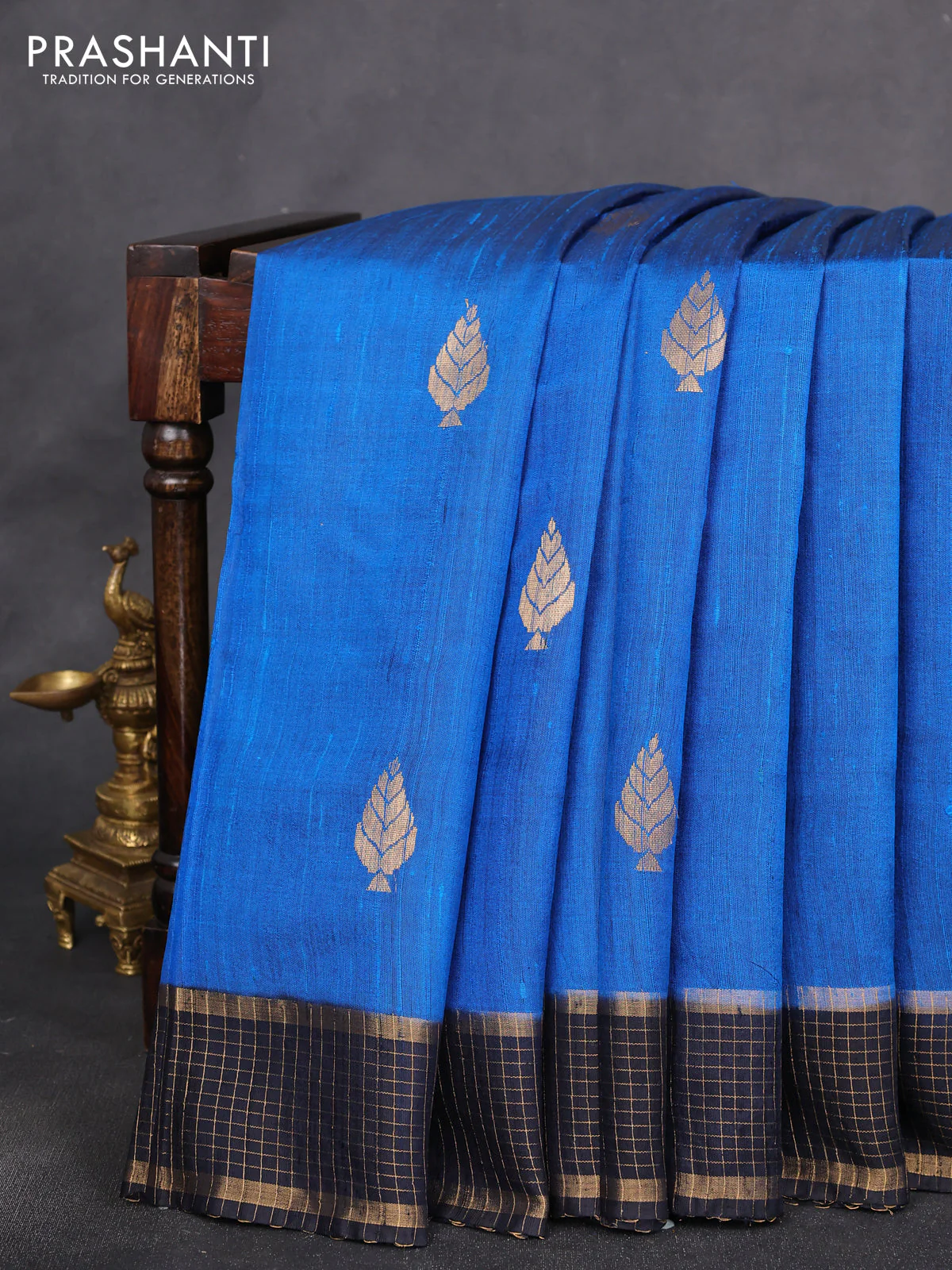Pure dupion silk saree cs blue and jamun with zari woven buttas and zari woven border