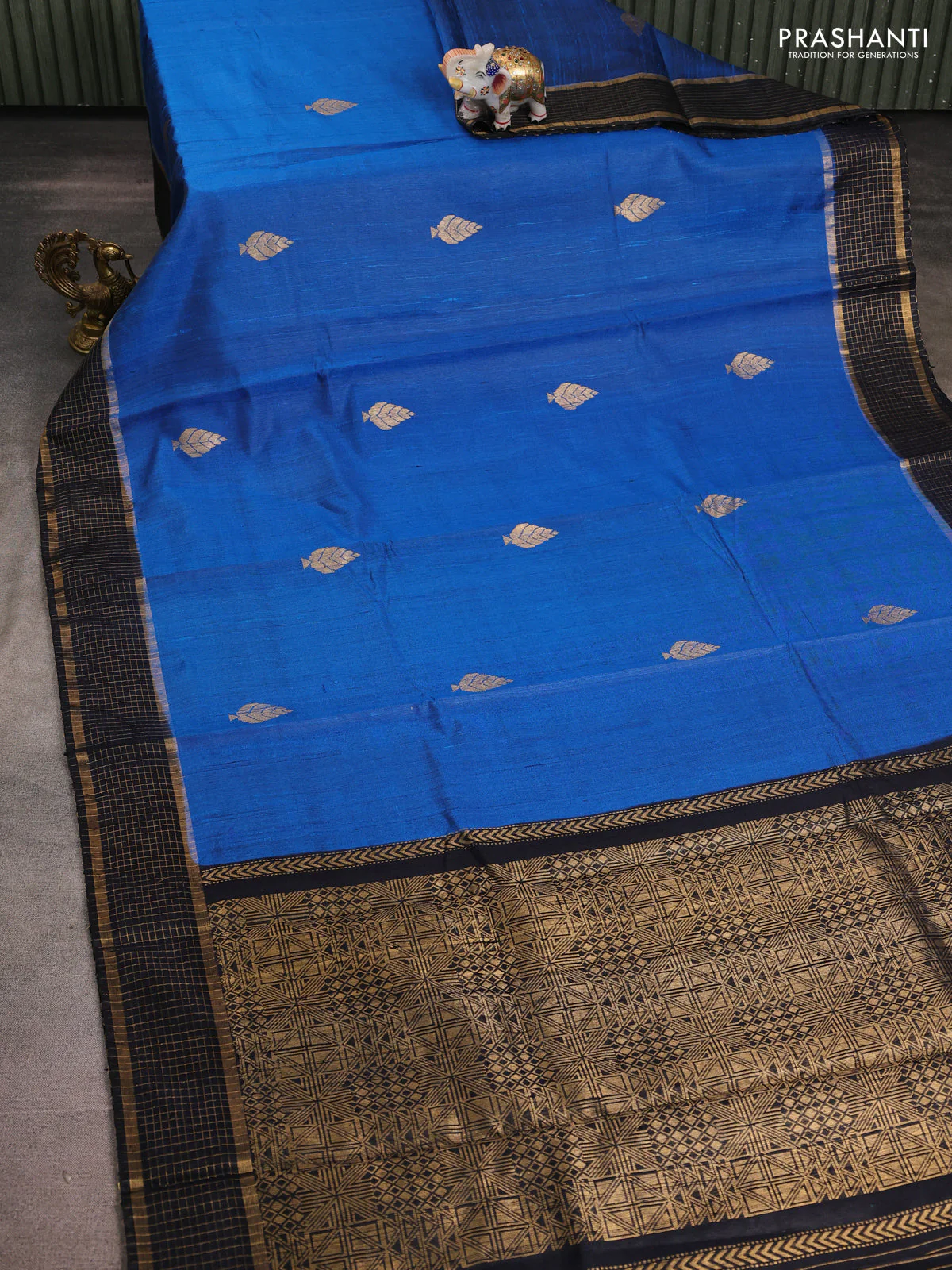 Pure dupion silk saree cs blue and jamun with zari woven buttas and zari woven border - Image 2