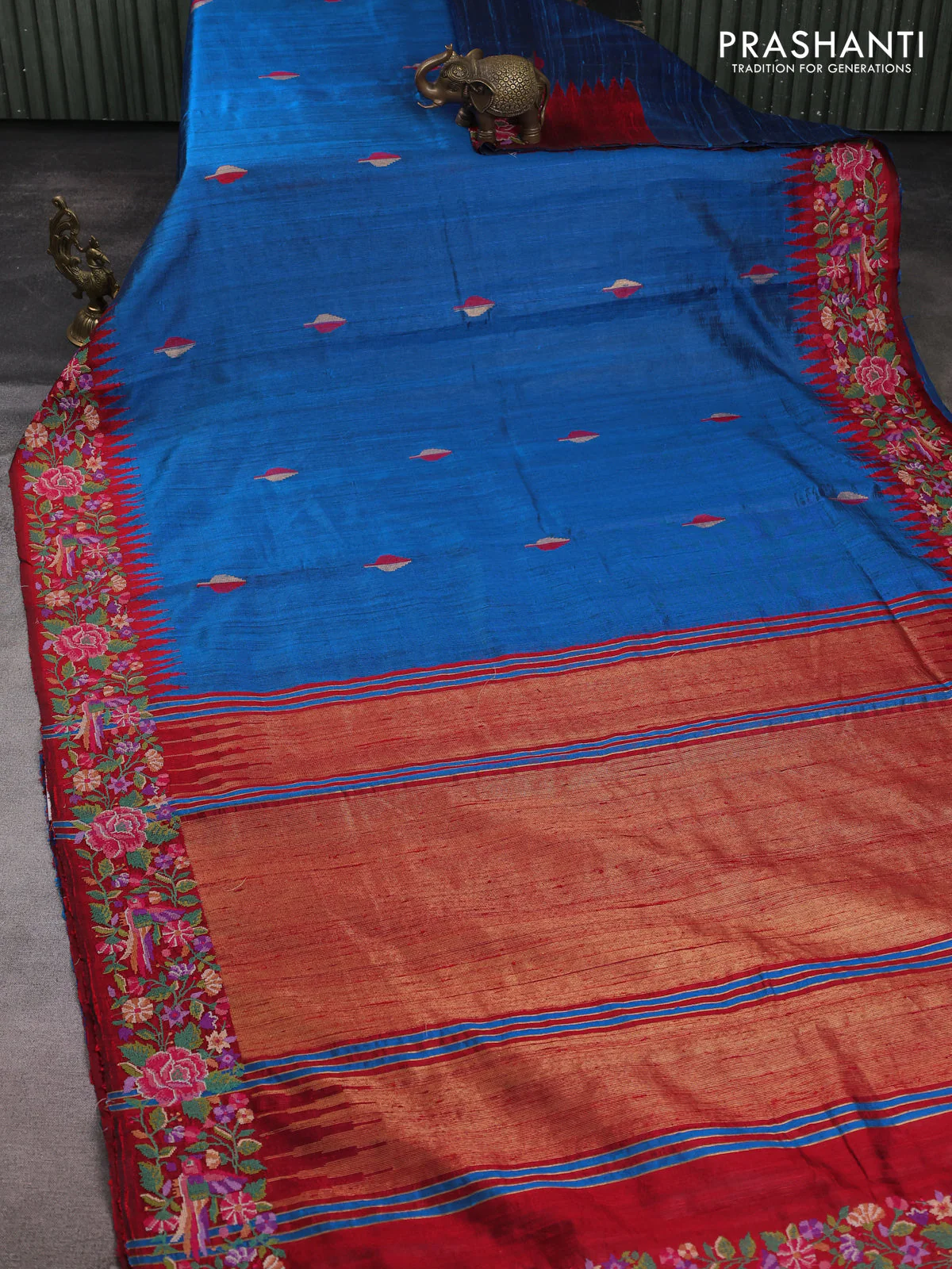 Pure dupion silk saree cs blue and maroon with thread & zari woven leaf buttas and temple design embroidery border - Image 2