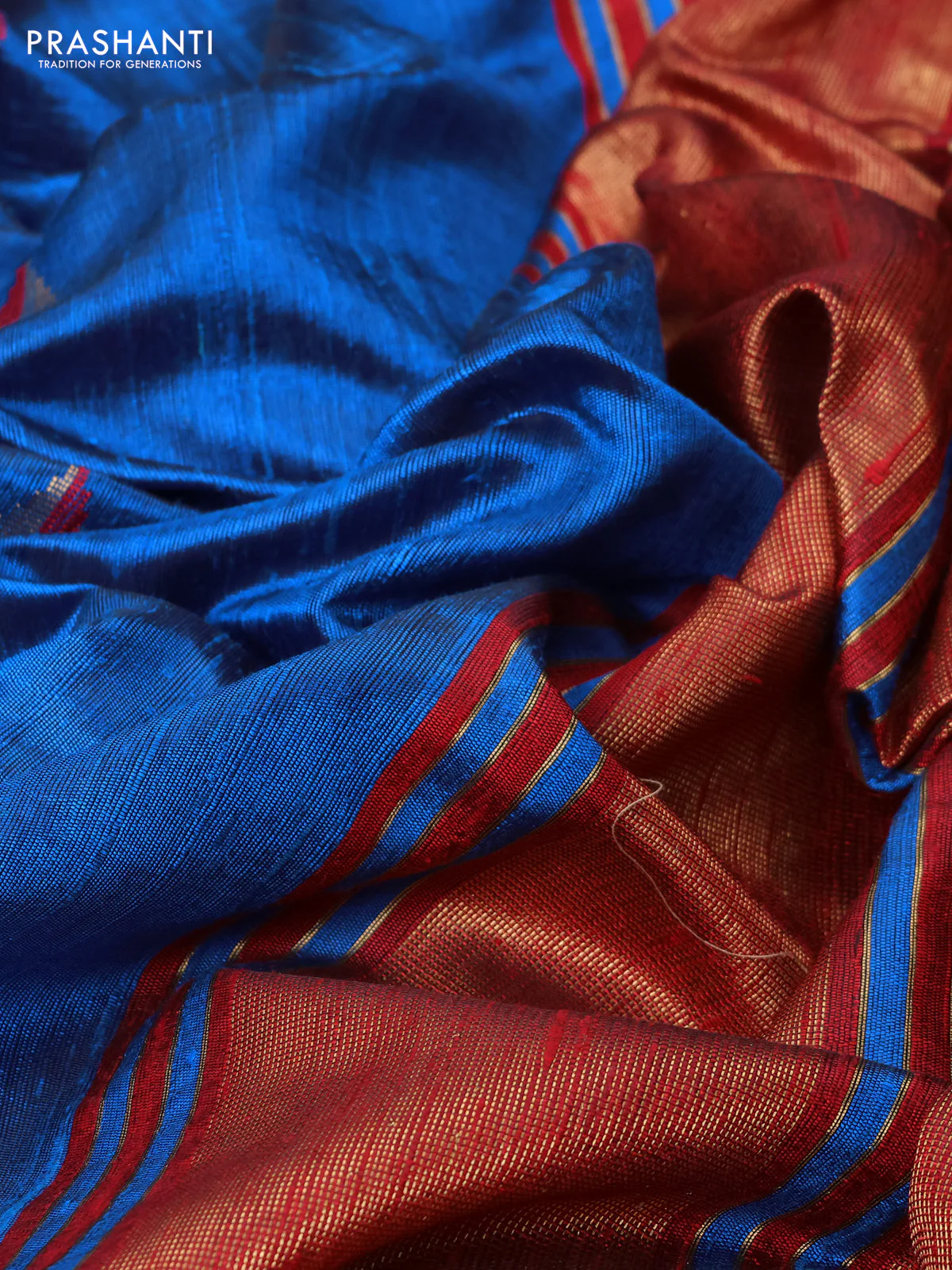 Pure dupion silk saree cs blue and maroon with thread & zari woven leaf buttas and temple design embroidery border - Image 3