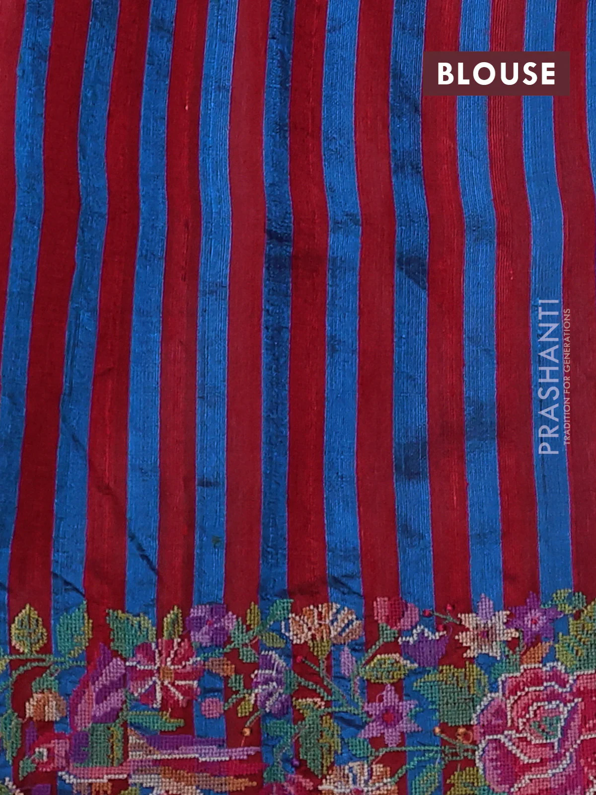 Pure dupion silk saree cs blue and maroon with thread & zari woven leaf buttas and temple design embroidery border - Image 4