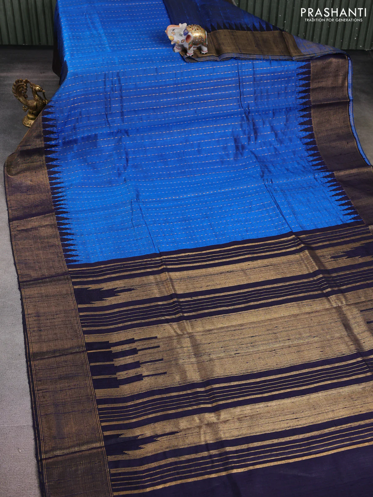 Pure dupion silk saree cs blue and navy blue with allover zari weaves and temple design zari woven border - Image 2