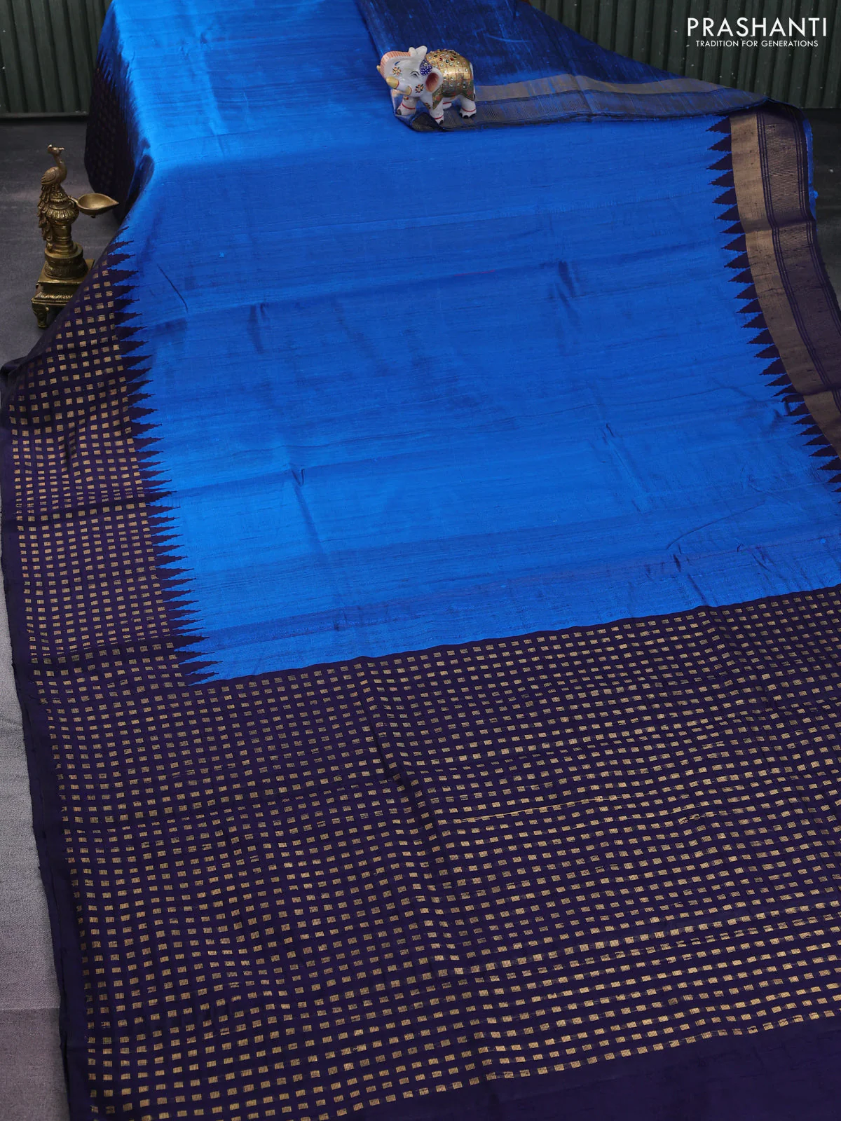 Pure dupion silk saree cs blue and navy blue with plain body and temple design zari butta border - Image 2