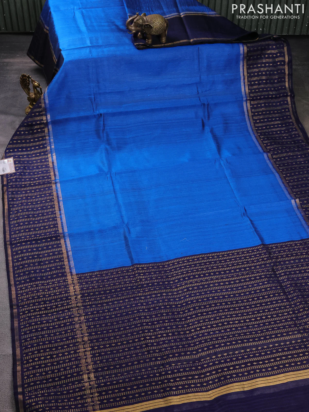 Pure dupion silk saree cs blue and navy blue with plain body and zari woven border - Image 2
