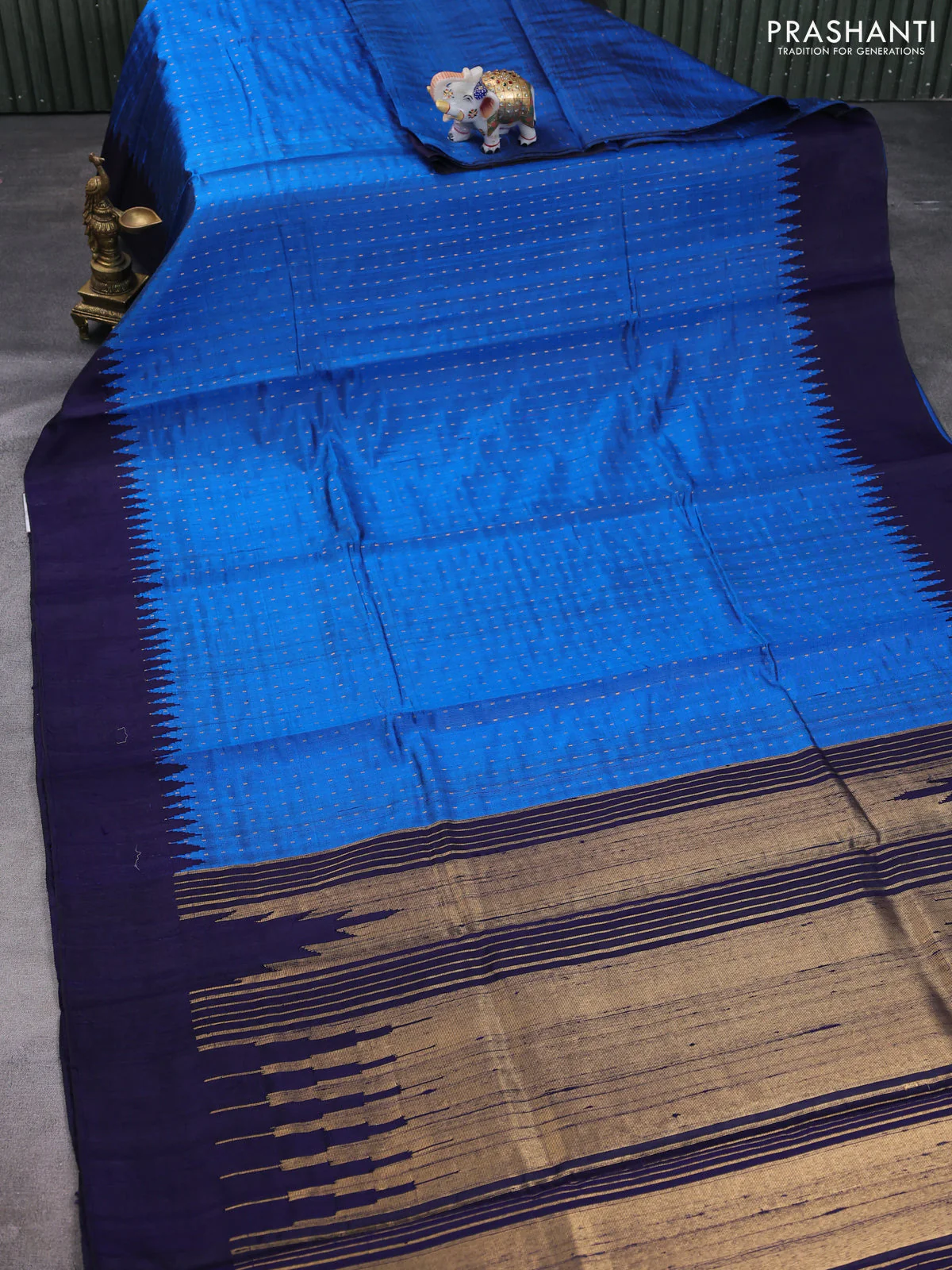 Pure dupion silk saree cs blue and navy blue with zari stripe pattern and temple design woven border - Image 2