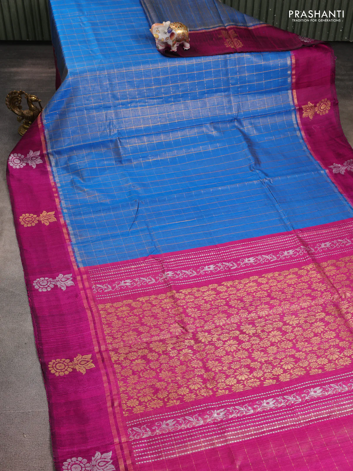 Pure dupion silk saree cs blue and pink with allover zari woven checked pattern and silver & zari woven butta border - Image 2