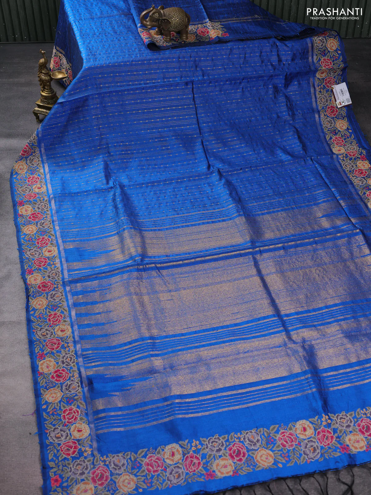 Pure dupion silk saree cs blue with allover zari weaves and floral embrodery work border - Image 2