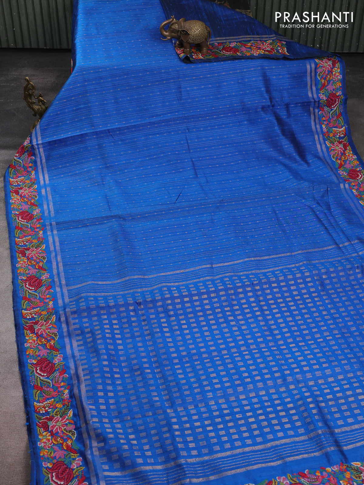 Pure dupion silk saree cs blue with allover zari weaves and zari woven embroidery border - Image 2