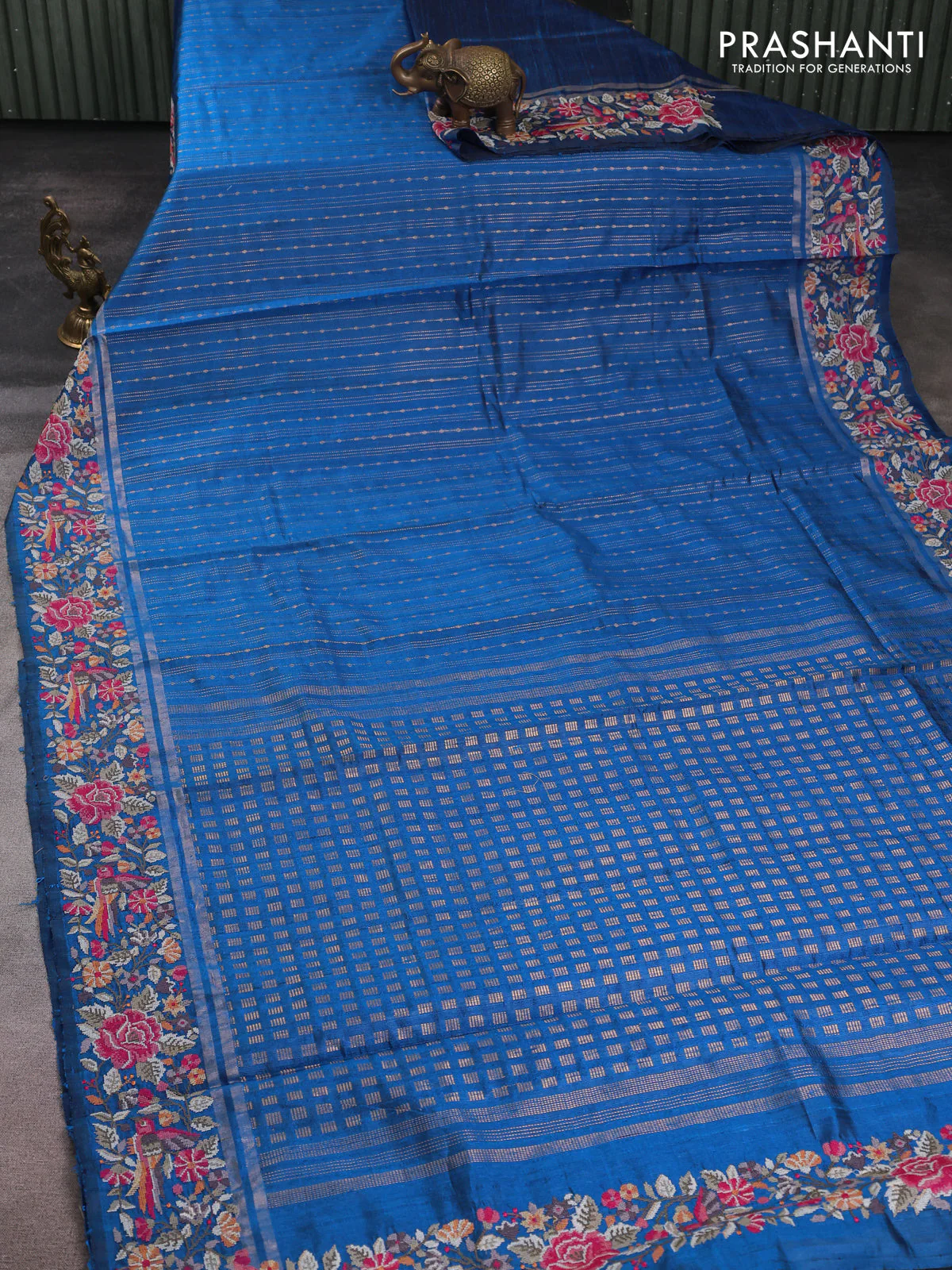 Pure dupion silk saree cs blue with allover zari weaves and zari woven embroidery border - Image 2