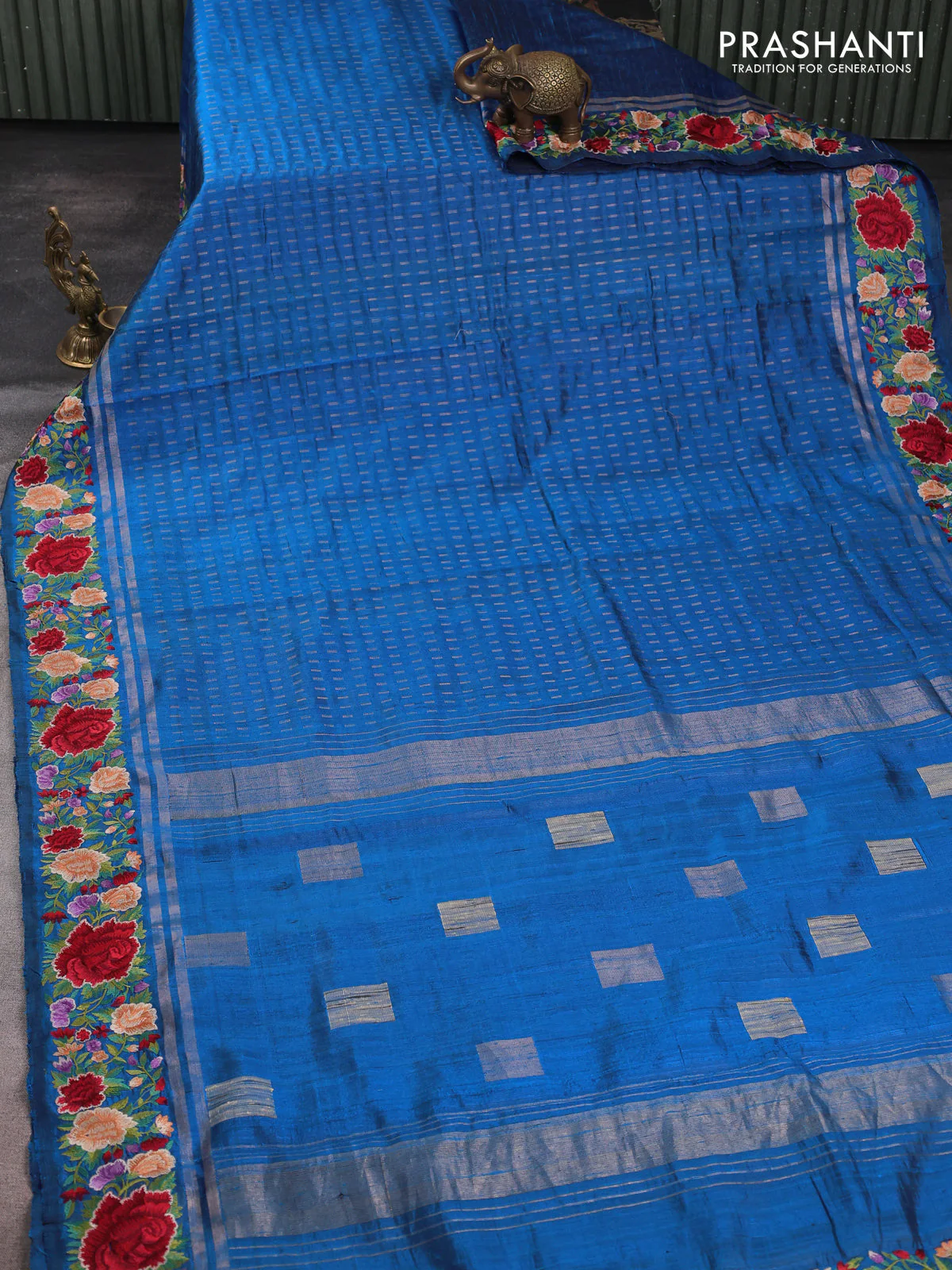 Pure dupion silk saree cs blue with allover zari woven butta weaves and zari woven floral embroidery border - Image 2