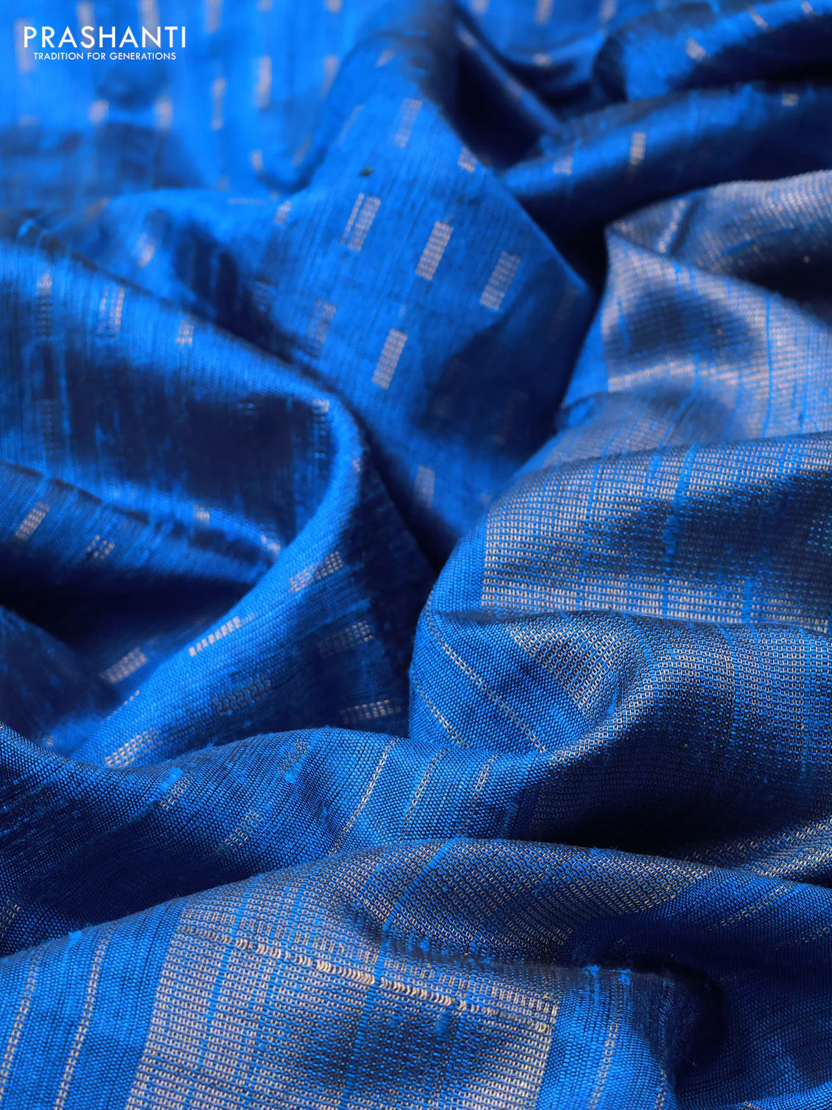 Pure dupion silk saree cs blue with allover zari woven butta weaves and zari woven floral embroidery border - Image 3