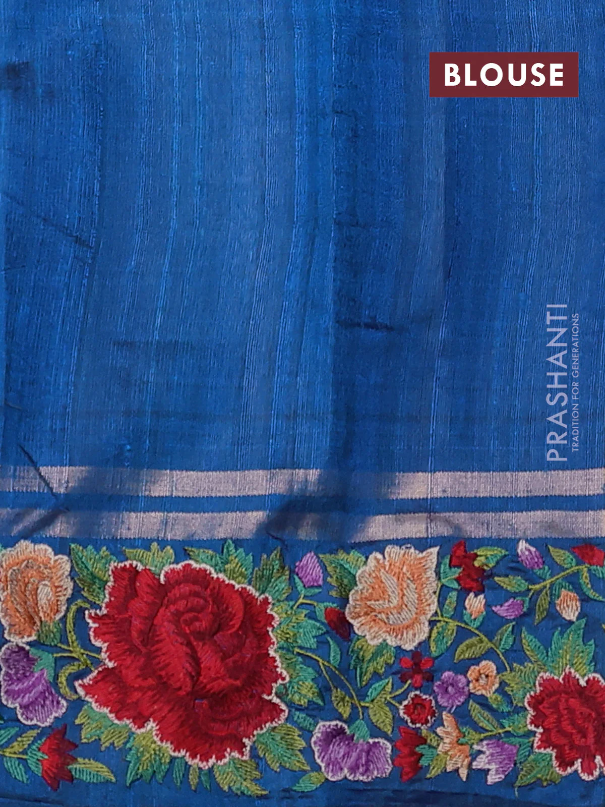 Pure dupion silk saree cs blue with allover zari woven butta weaves and zari woven floral embroidery border - Image 4
