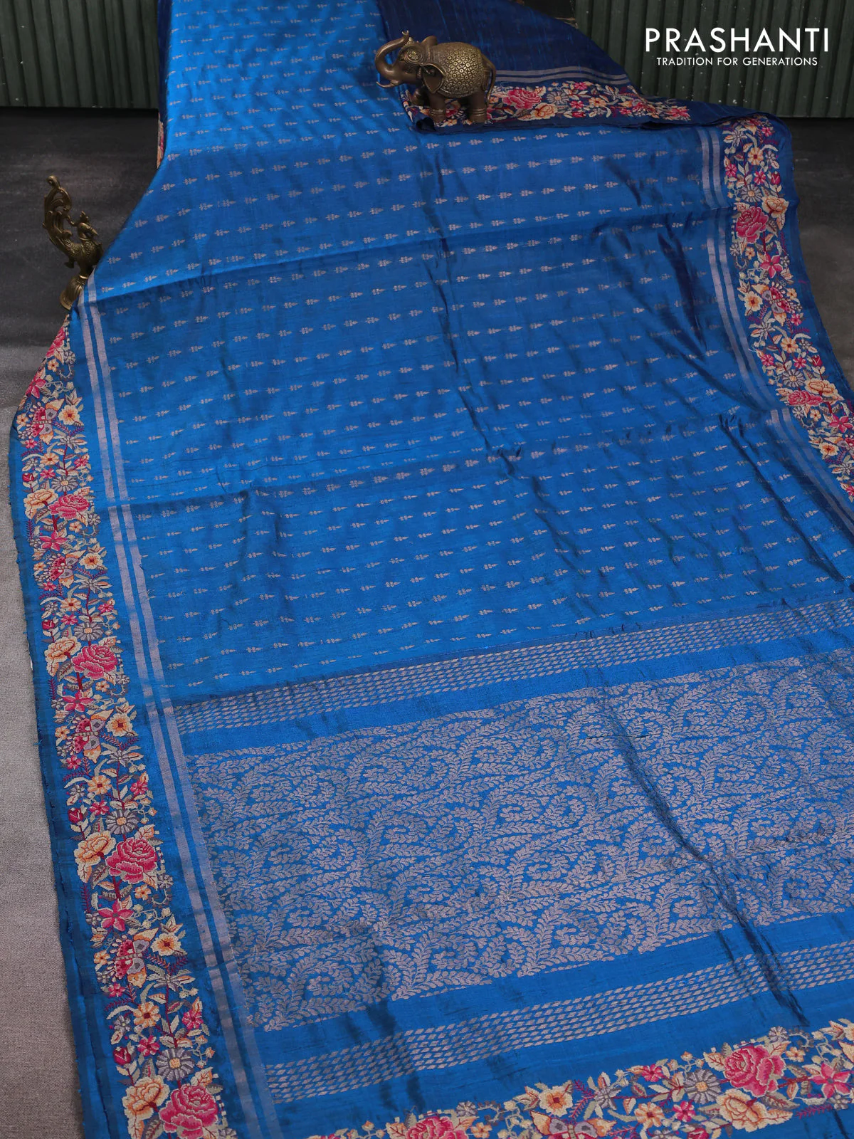 Pure dupion silk saree cs blue with allover zari woven buttas and zari woven embroidery border - Image 2