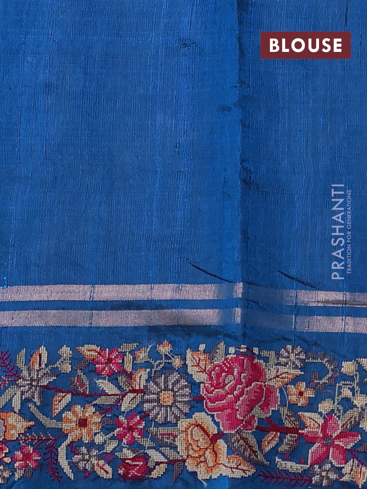 Pure dupion silk saree cs blue with allover zari woven buttas and zari woven embroidery border - Image 4