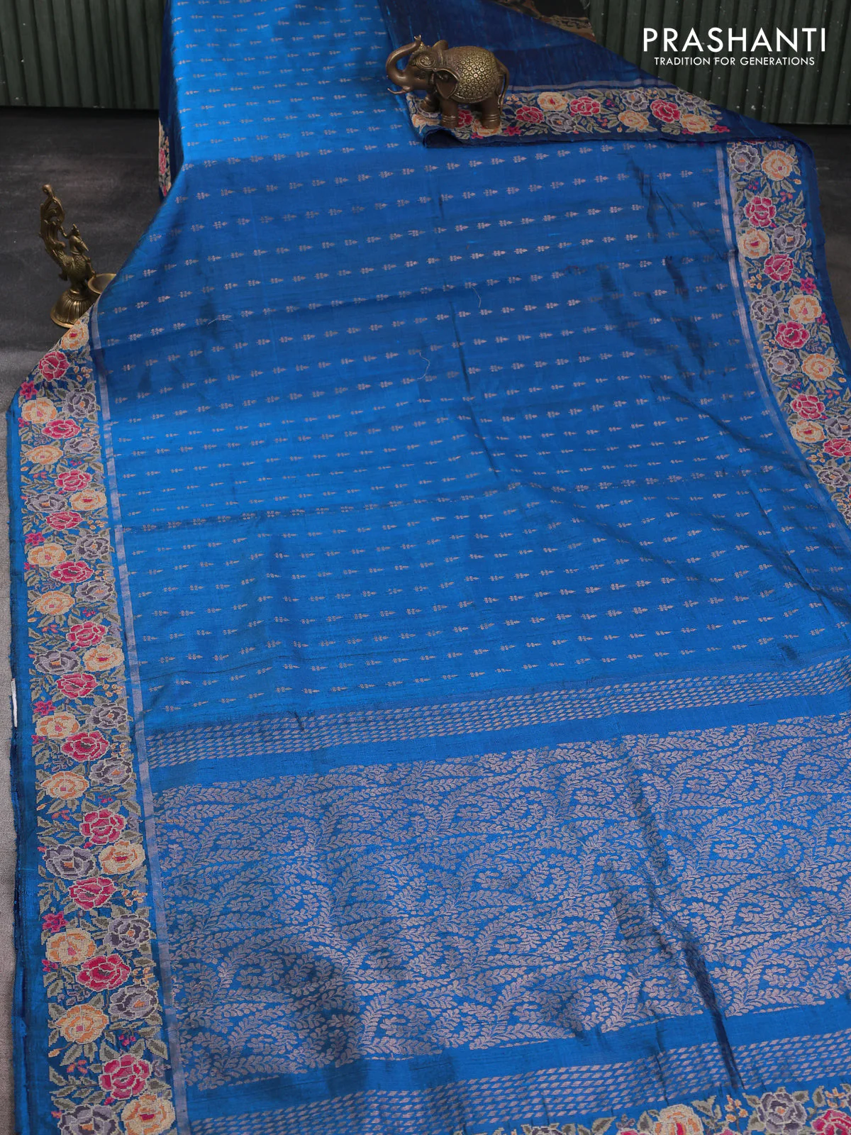 Pure dupion silk saree cs blue with allover zari woven buttas and zari woven floral embroidery border - Image 2