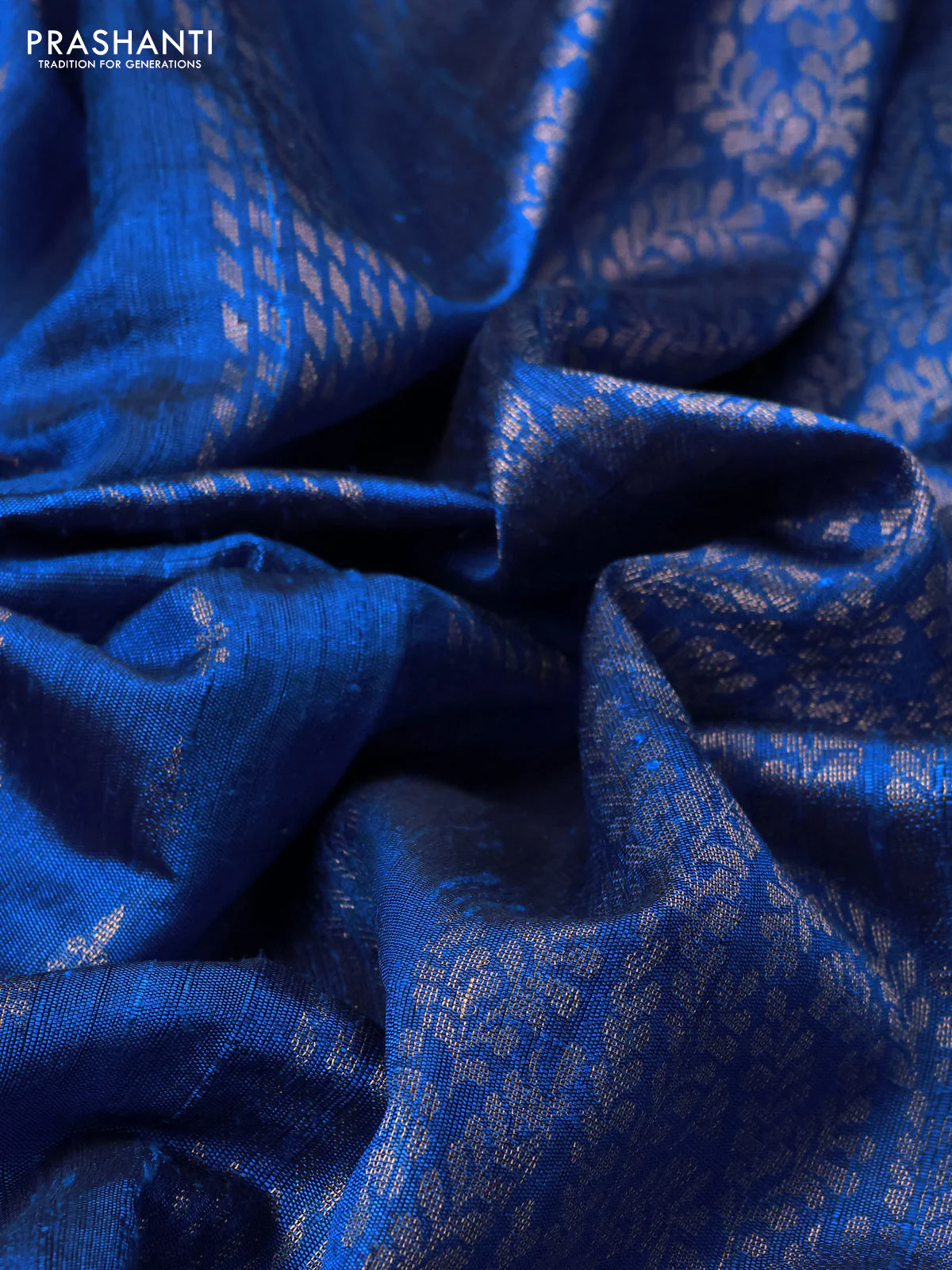 Pure dupion silk saree cs blue with allover zari woven buttas and zari woven floral embroidery border - Image 3