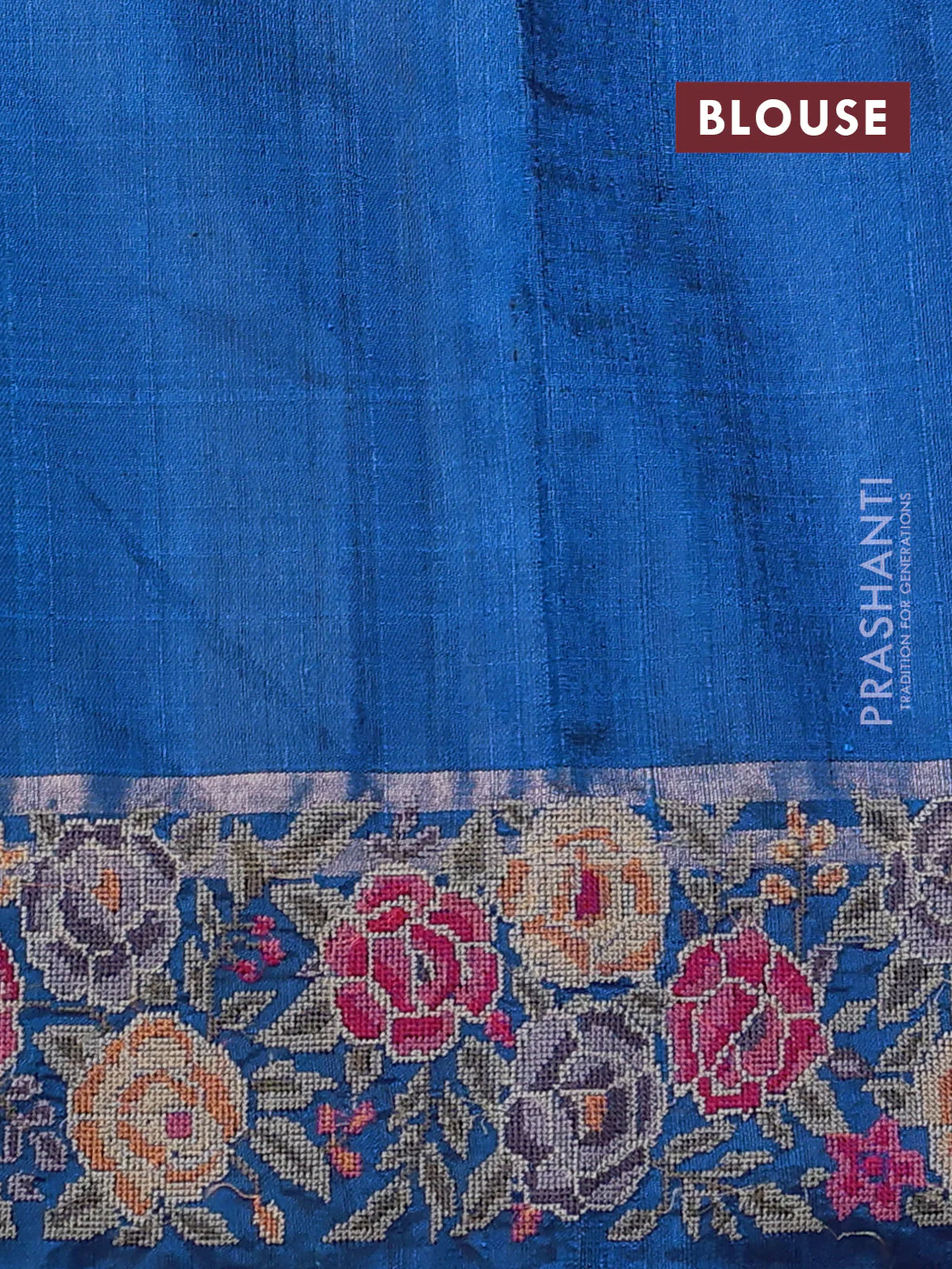Pure dupion silk saree cs blue with allover zari woven buttas and zari woven floral embroidery border - Image 4