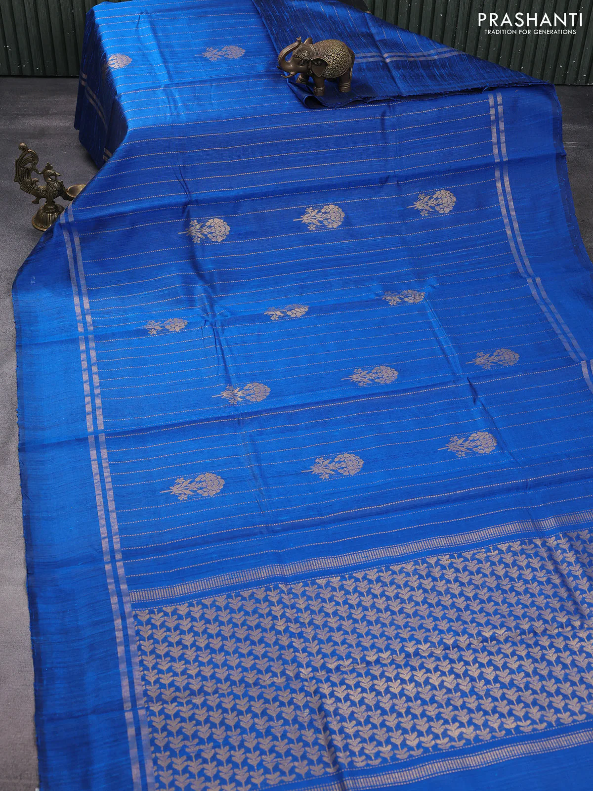 Pure dupion silk saree cs blue with floral zari woven buttas and simple border - Image 2